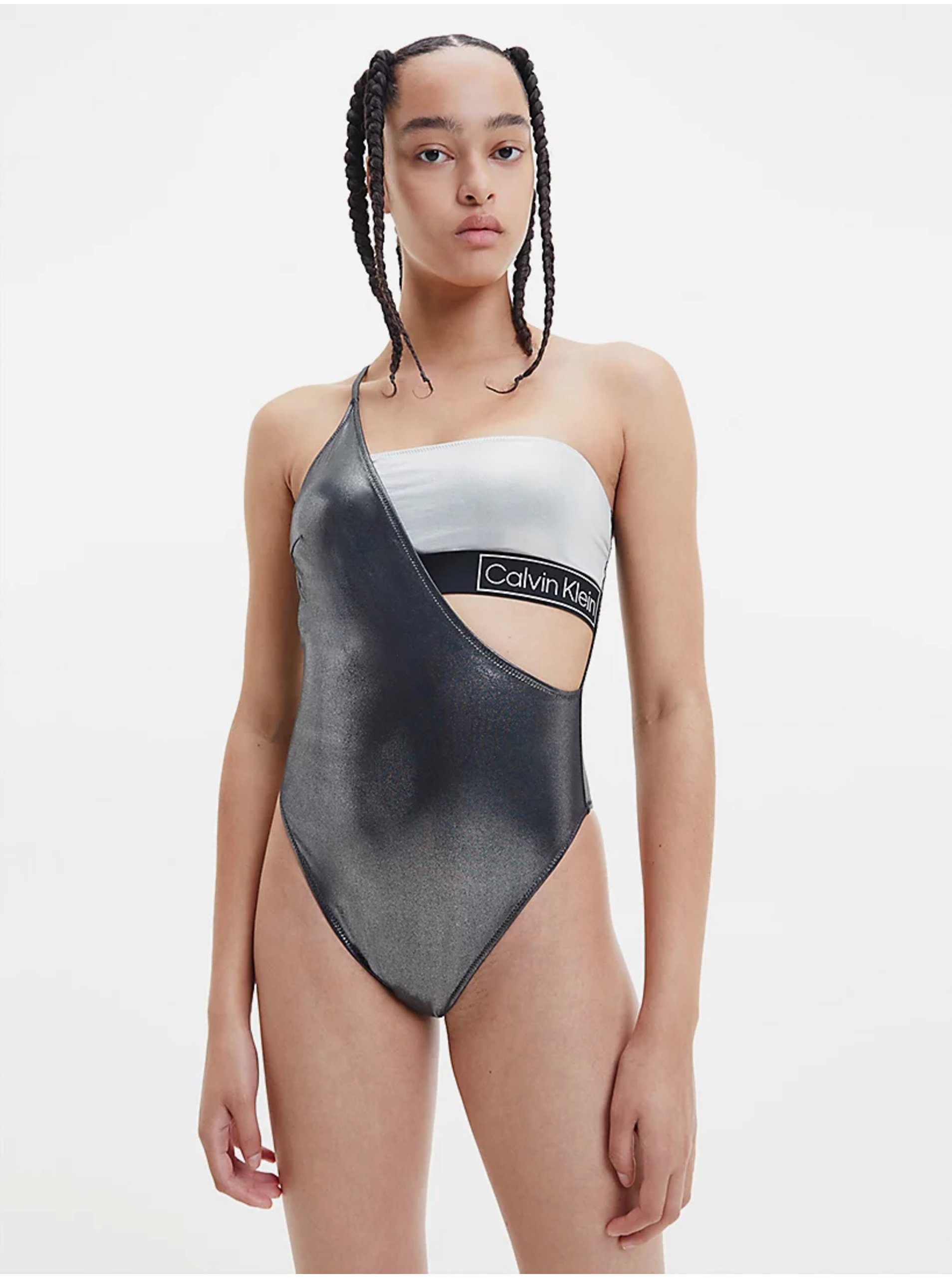 Levně Calvin Klein Bílo-černé dámské metalické jednodílné plavky s průstřihem Calvin Kl - Dámské