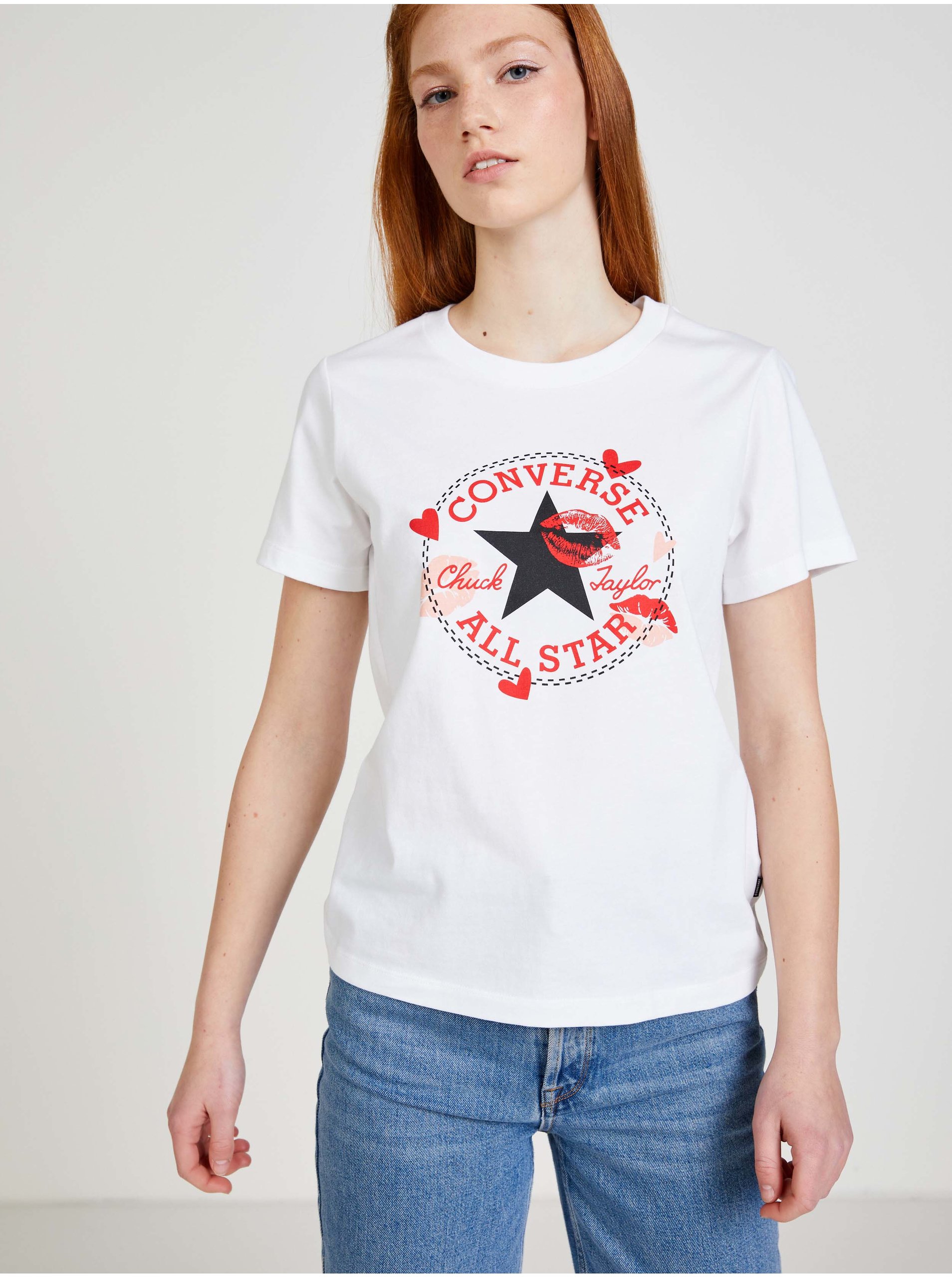 Levně Bílé dámské tričko Converse Valentine's Day - Dámské