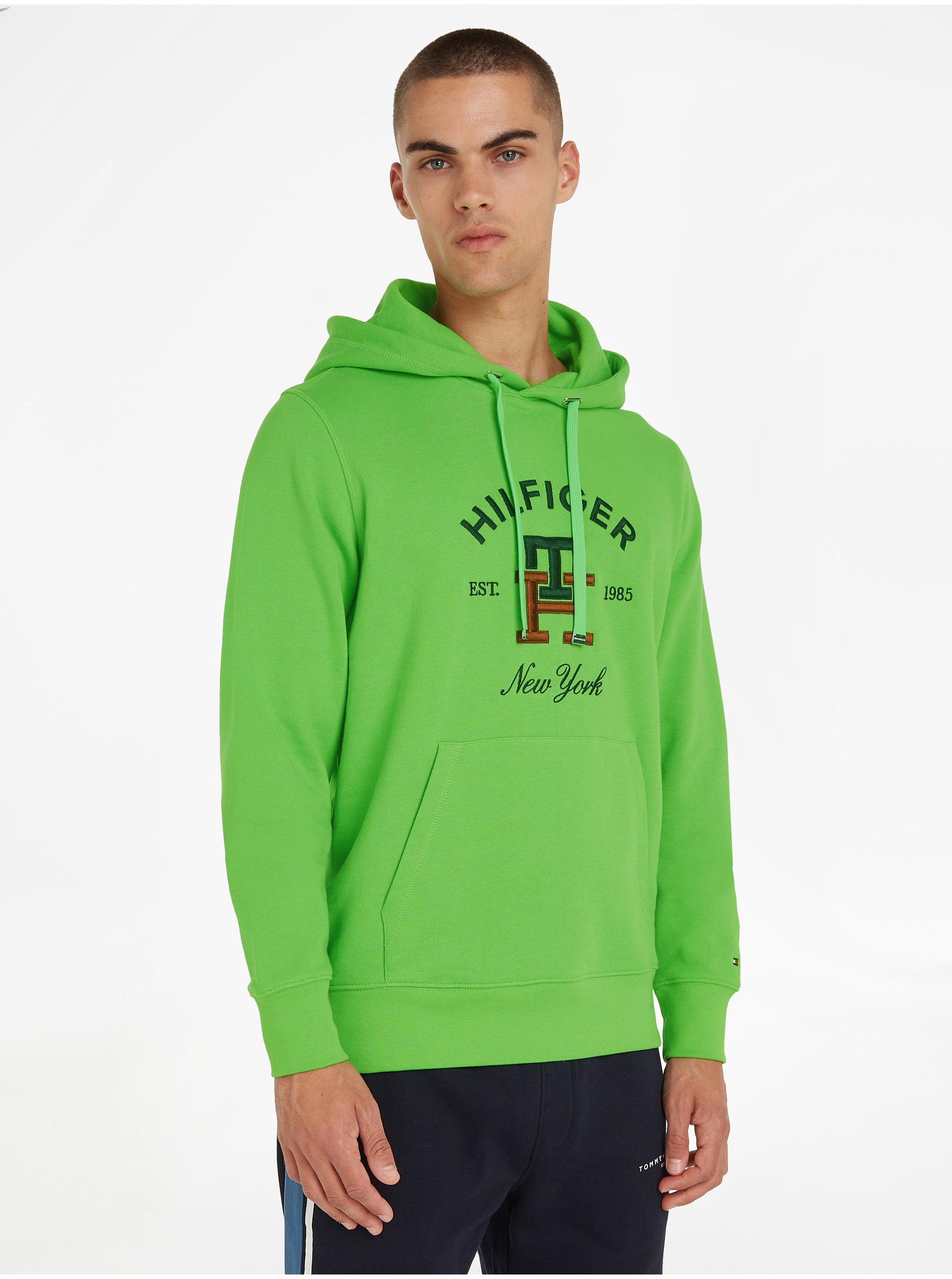 Světle Zelená Pánská Mikina Tommy Hilfiger Curved Monogram Hoody - Pánské