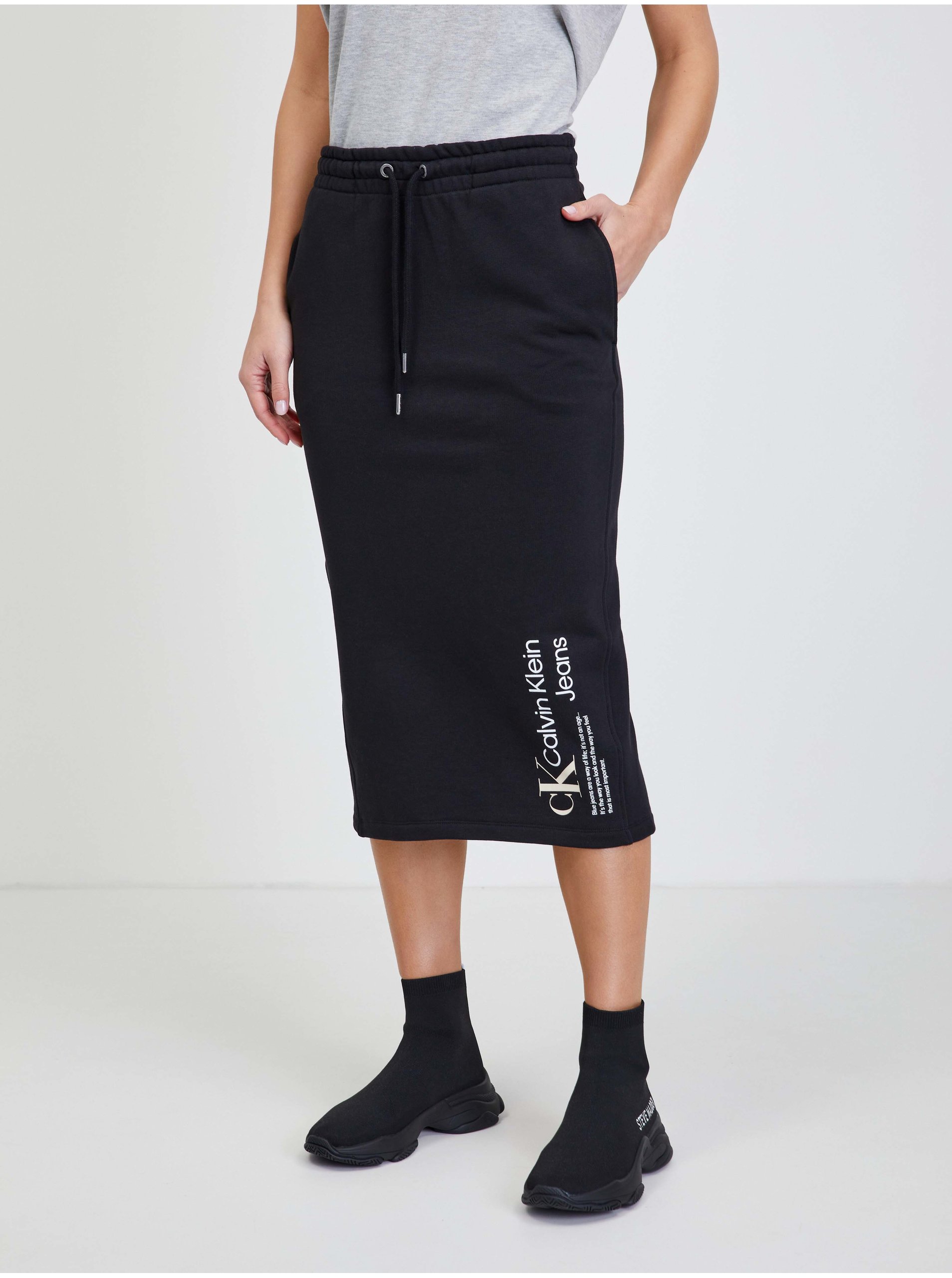 Black Ladies Tracksuit Midi Skirt With Slit Calvin Klein Jeans - Ladies