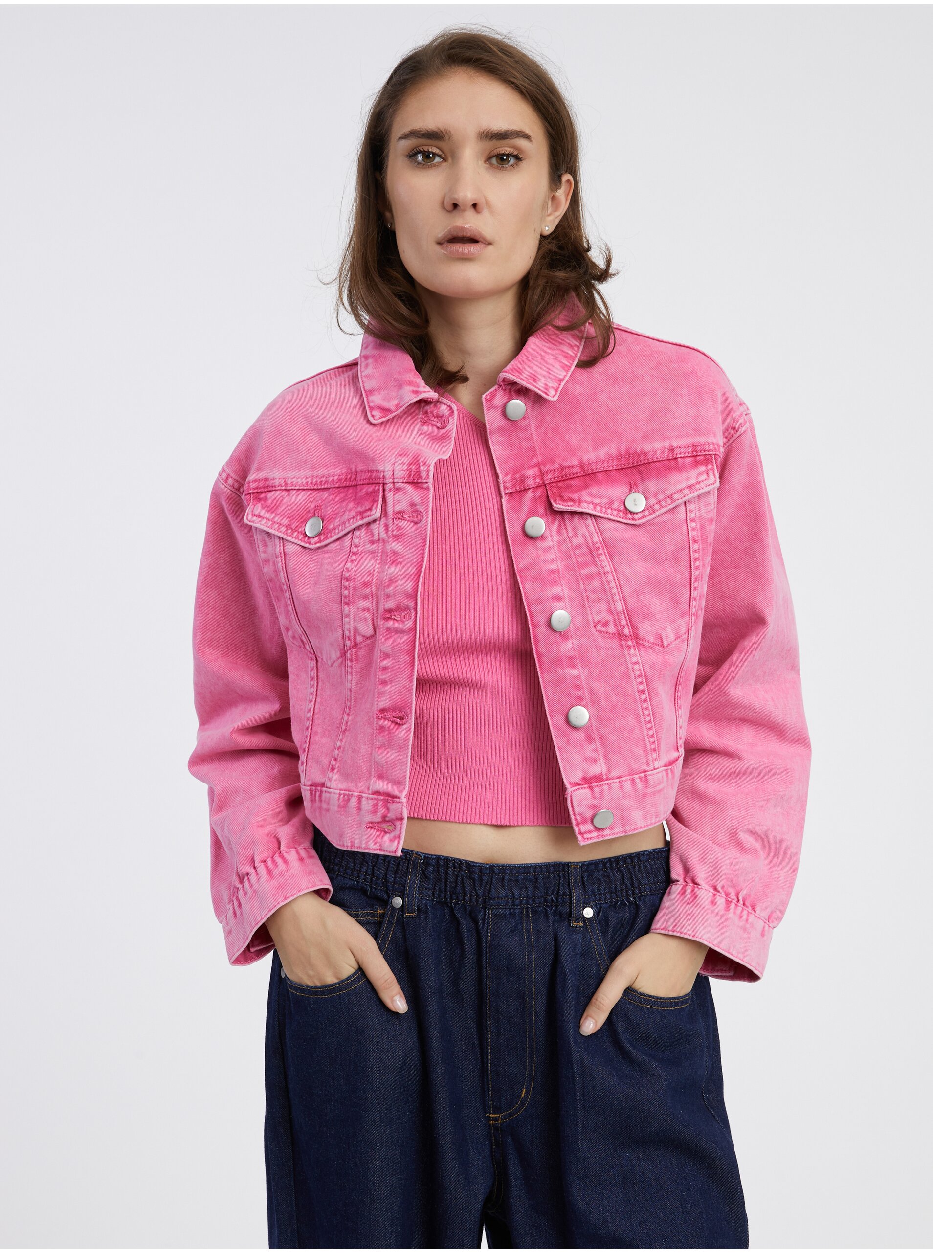 Navy Pink Women's Crop Top Denim Jacket Pieces Liv - Women's