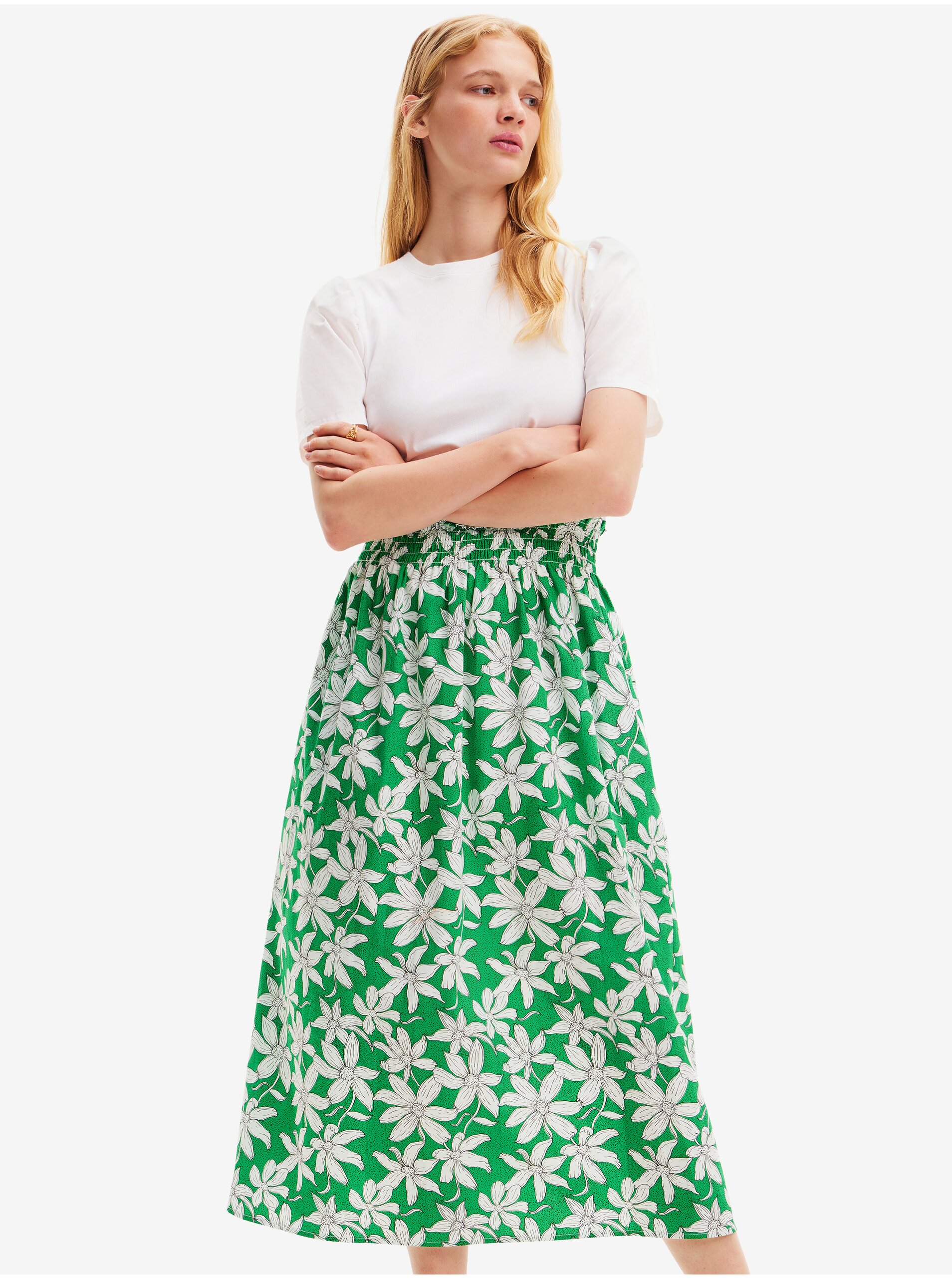 Women's White-Green Floral Midi Dress Desigual Marlon - Women