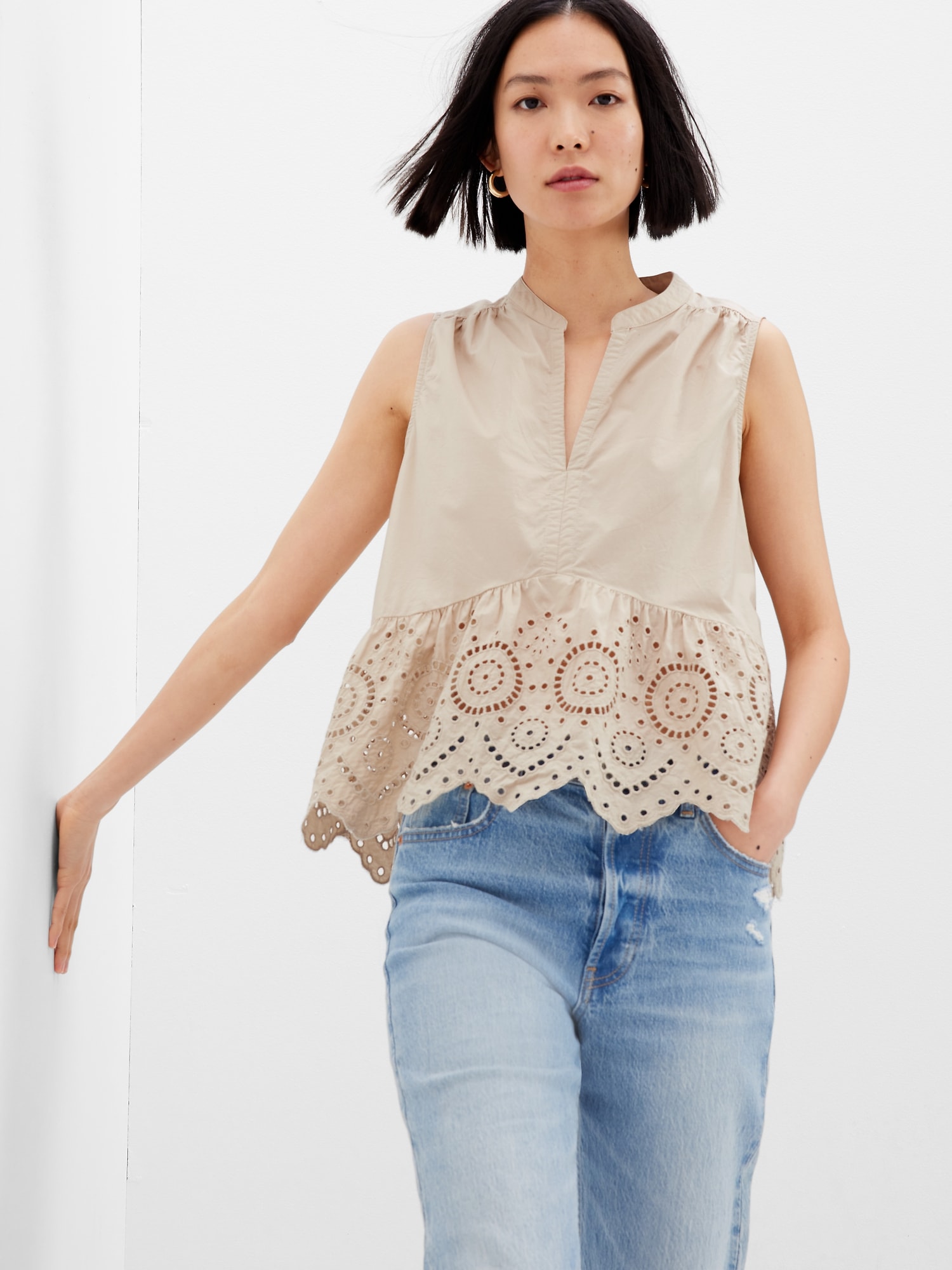 GAP Cotton Peplum Top with Lace - Women