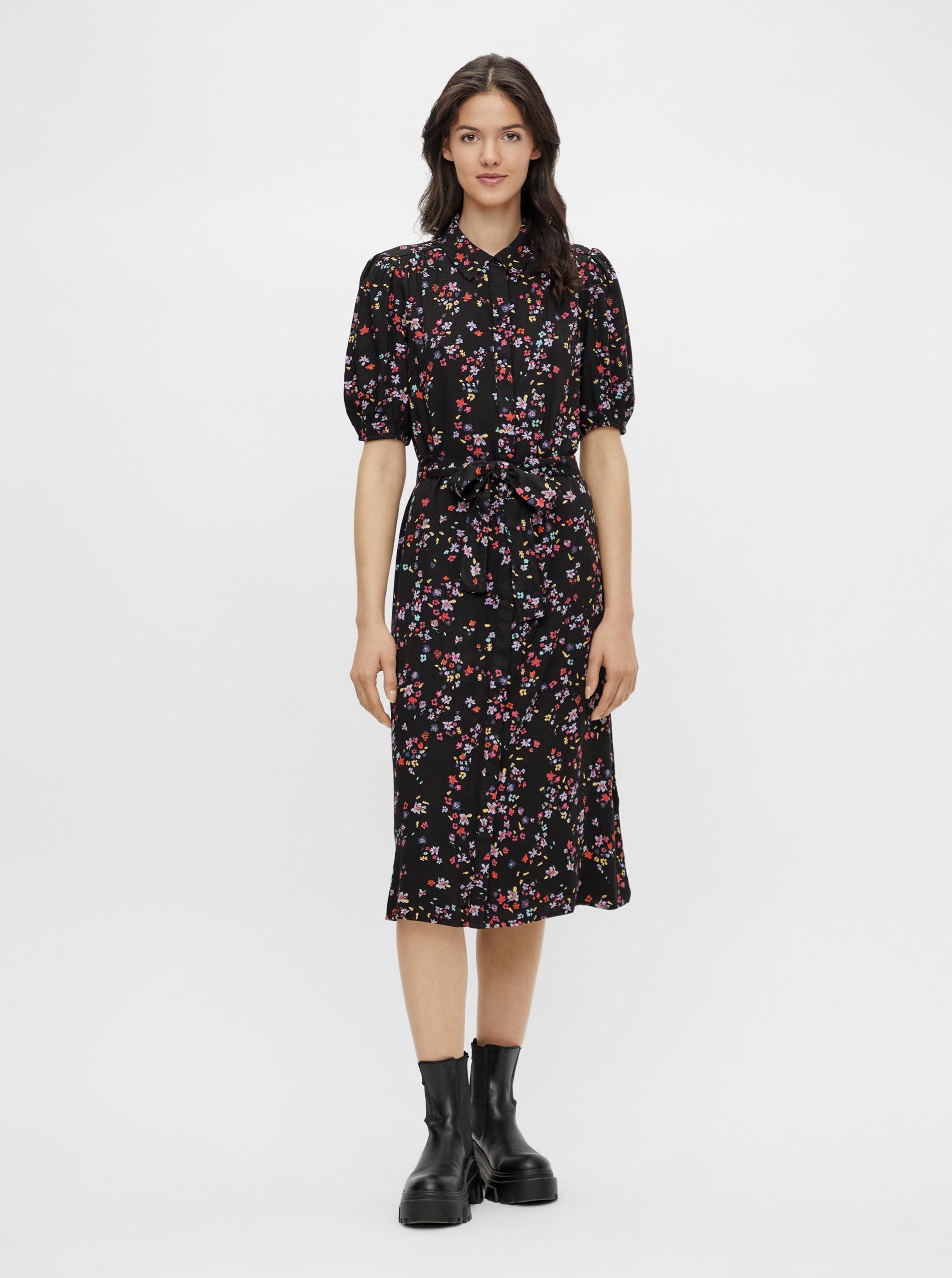Black Floral Midi Shirt Dress Pieces Lala - Women