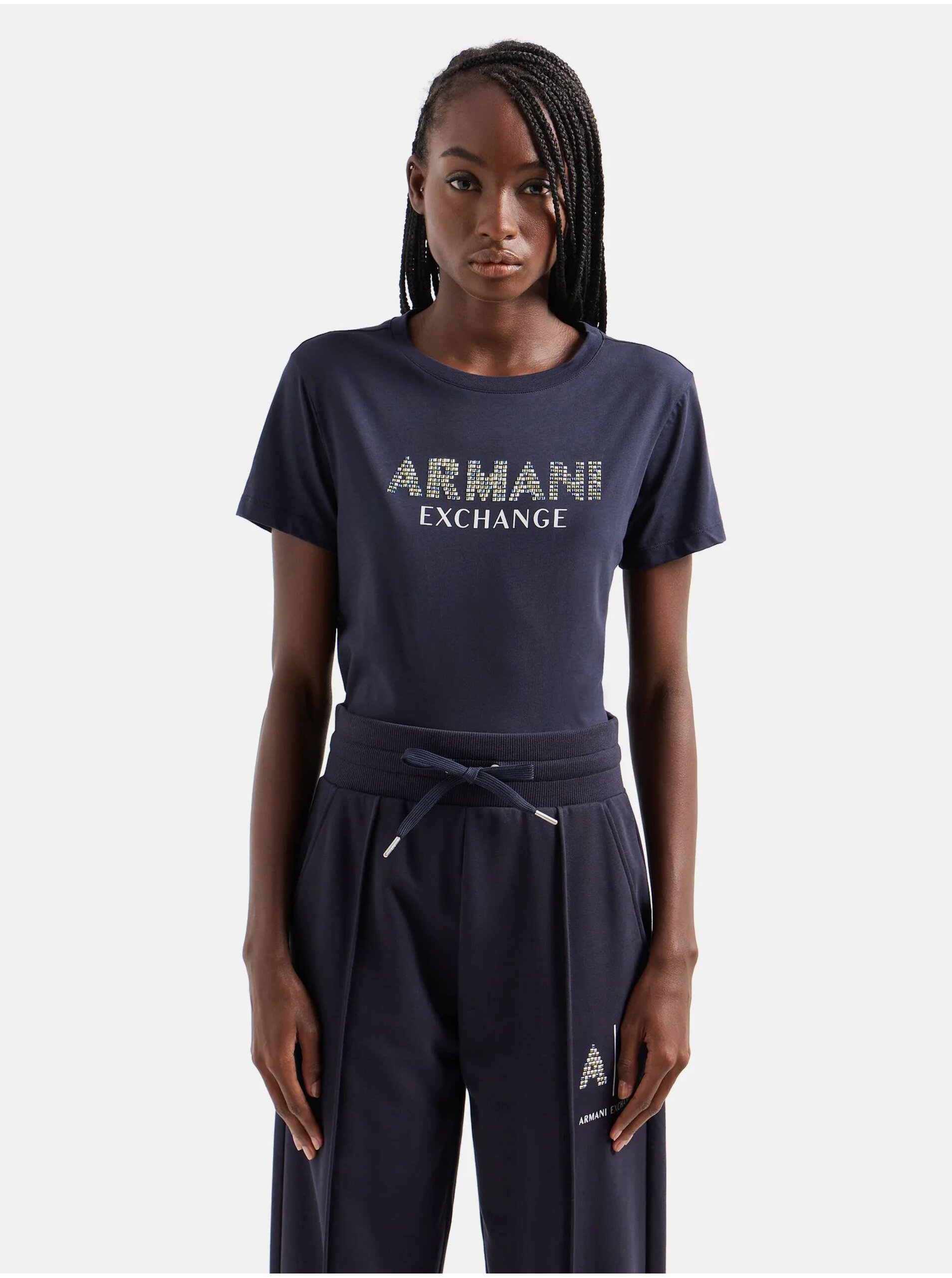 Levně Tmavě modré dámské tričko Armani Exchange - Dámské