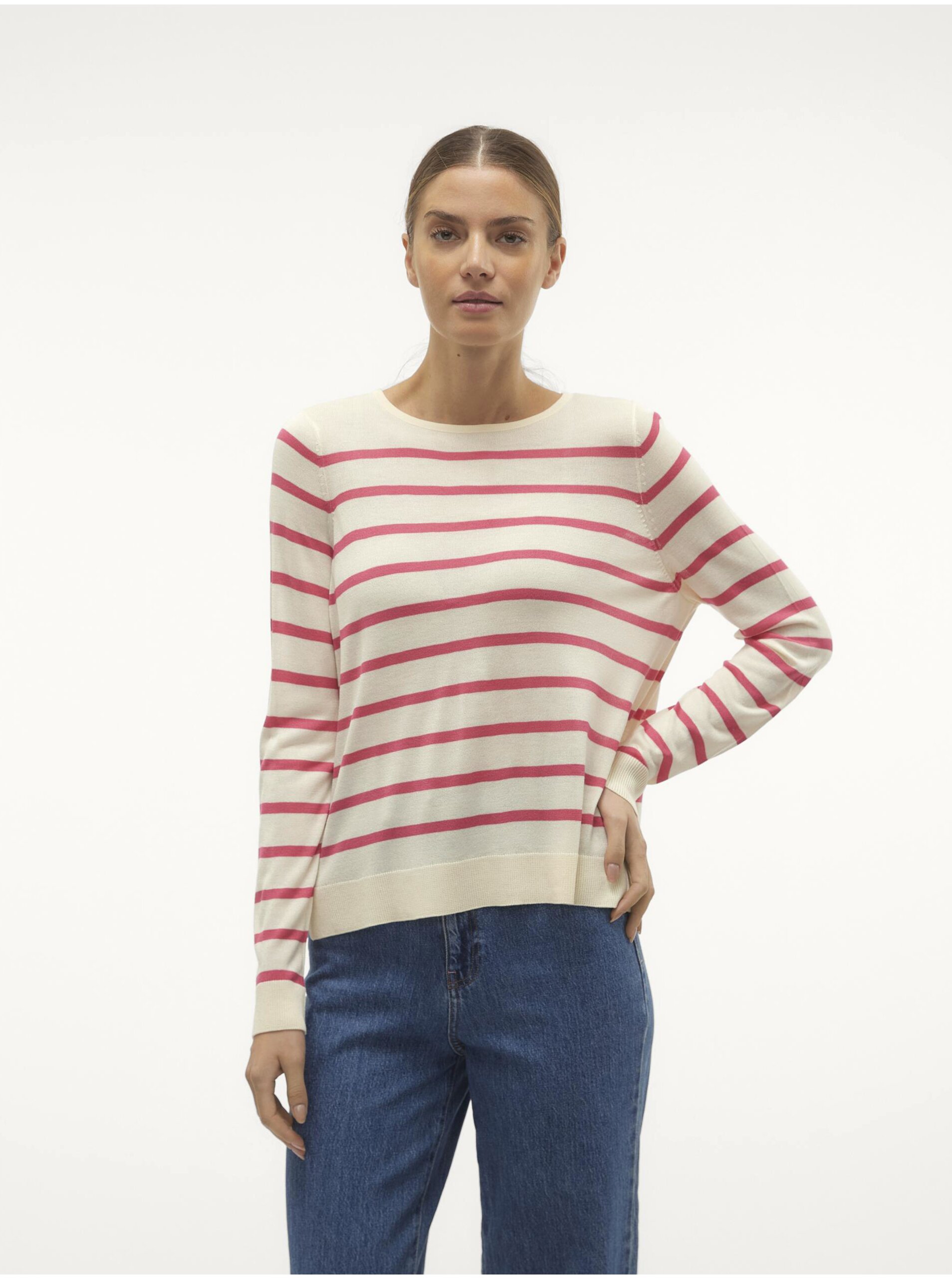 Pink and cream women's striped sweater Vero Moda Nova - Women