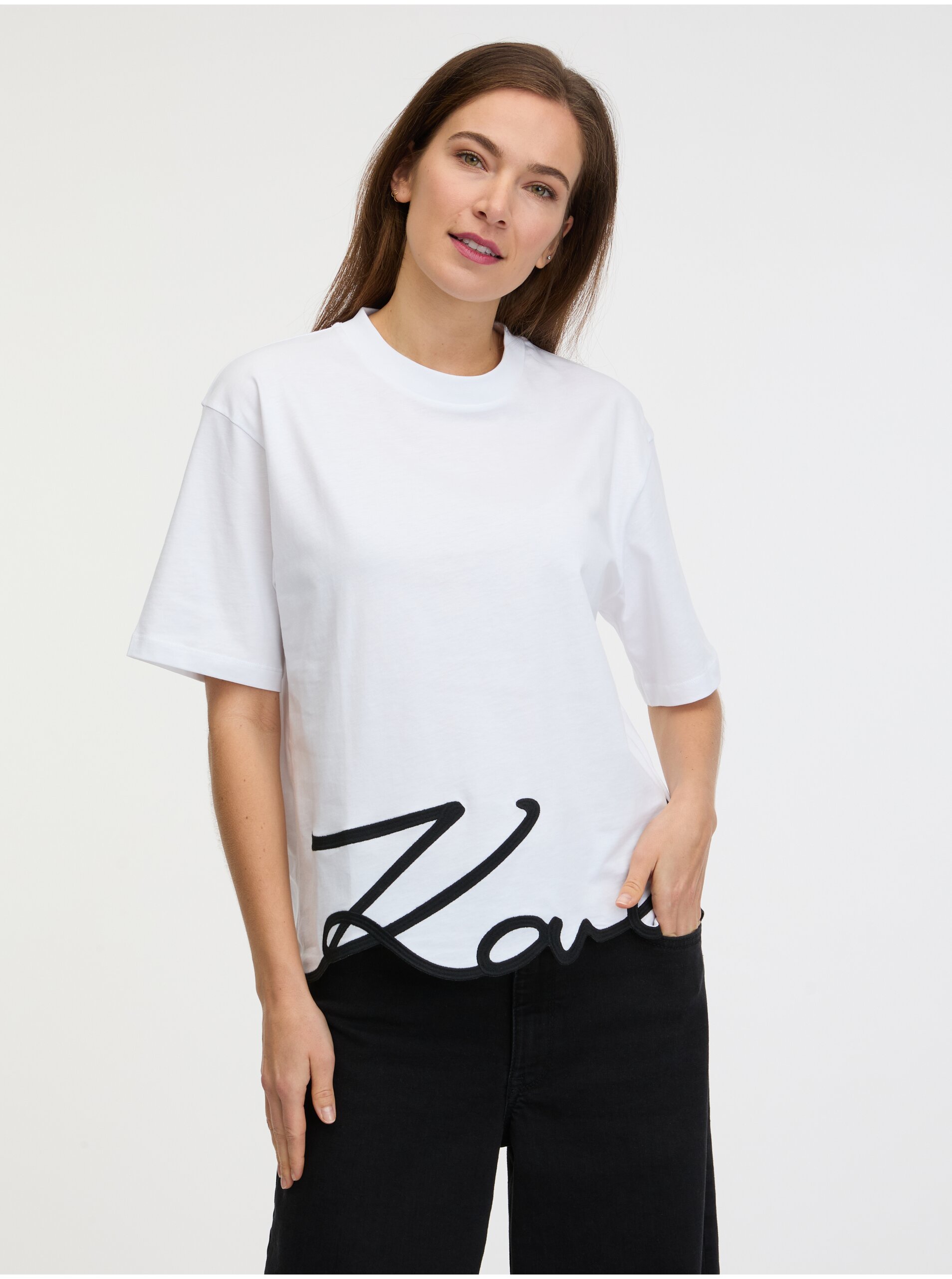 Levně Bílé dámské tričko KARL LAGERFELD Karl Signature - Dámské