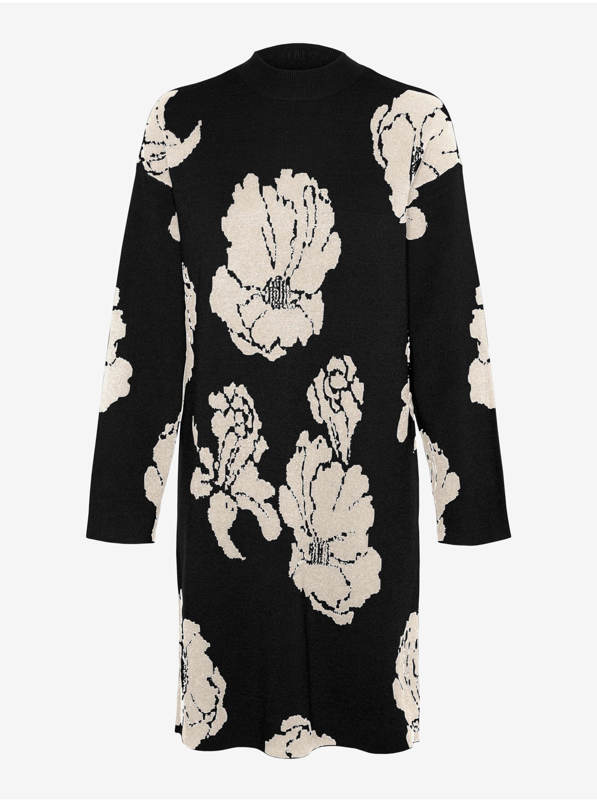 Levně Bílo-černé dámské květované svetrové šaty VERO MODA Flora - Dámské