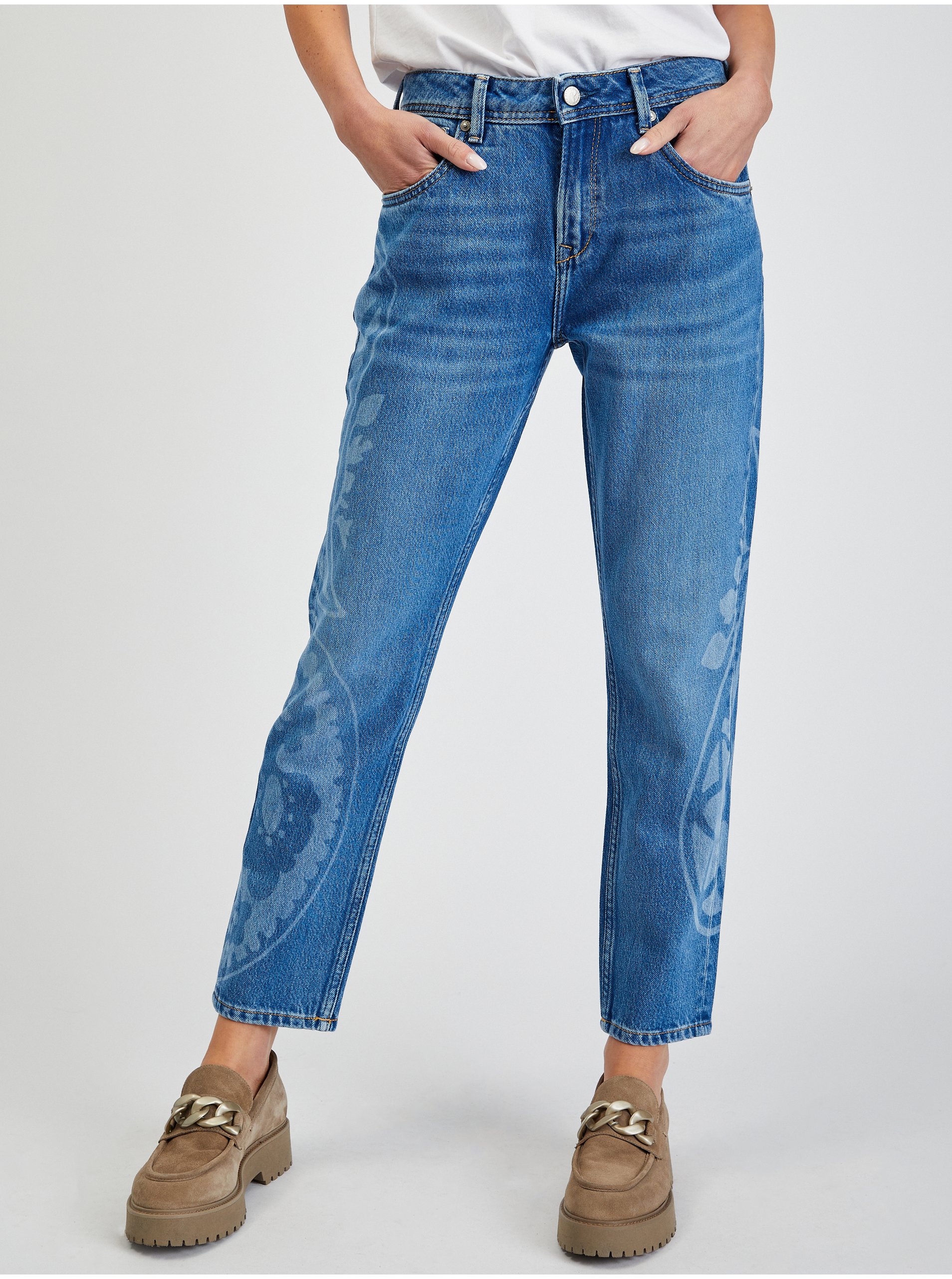 Levně Modré dámské vzorované zkrácené straight fit džíny Pepe Jeans Violet - Dámské