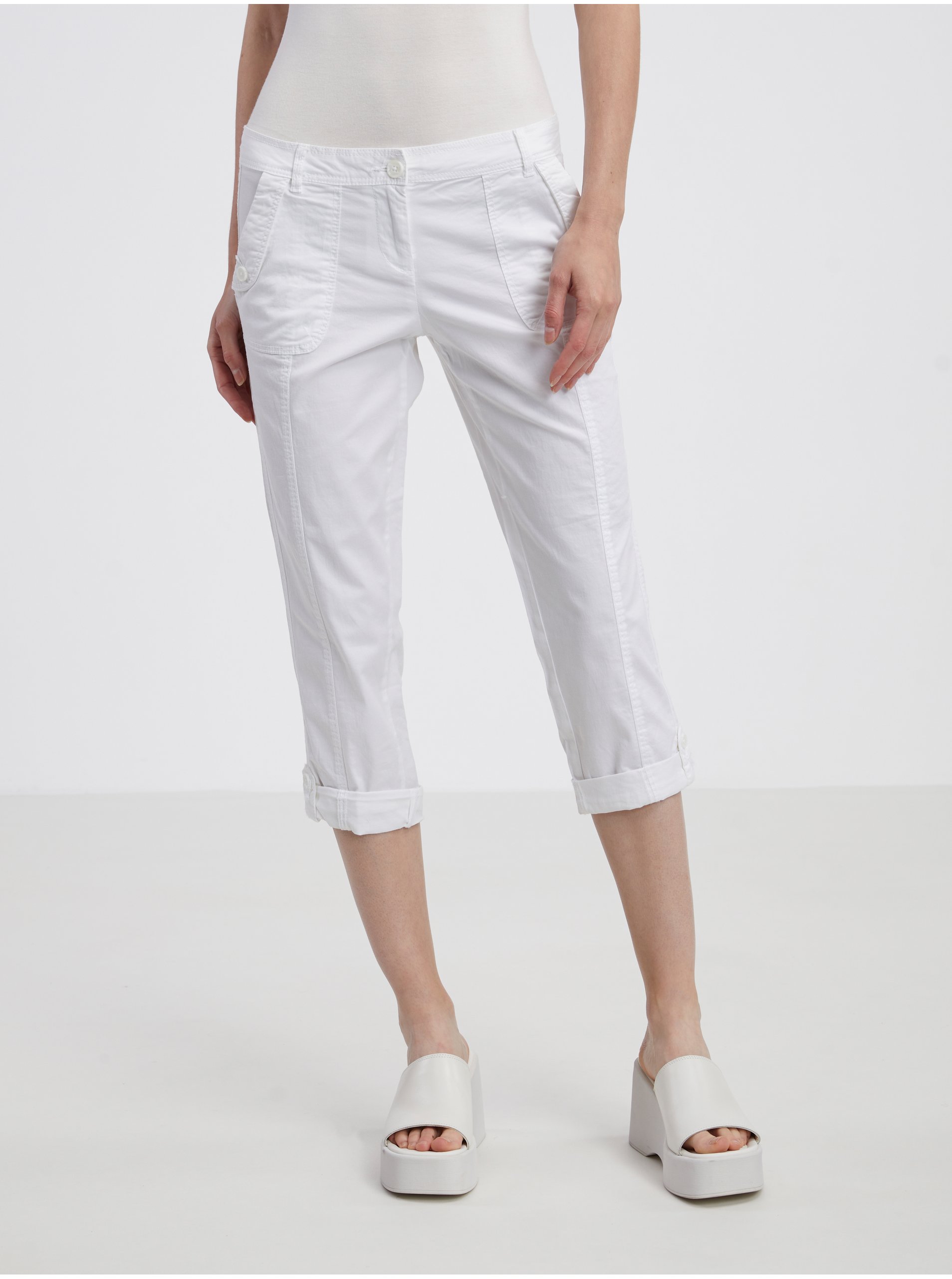 Levně Bílé dámské tříčtvrteční kalhoty CAMAIEU - Dámské