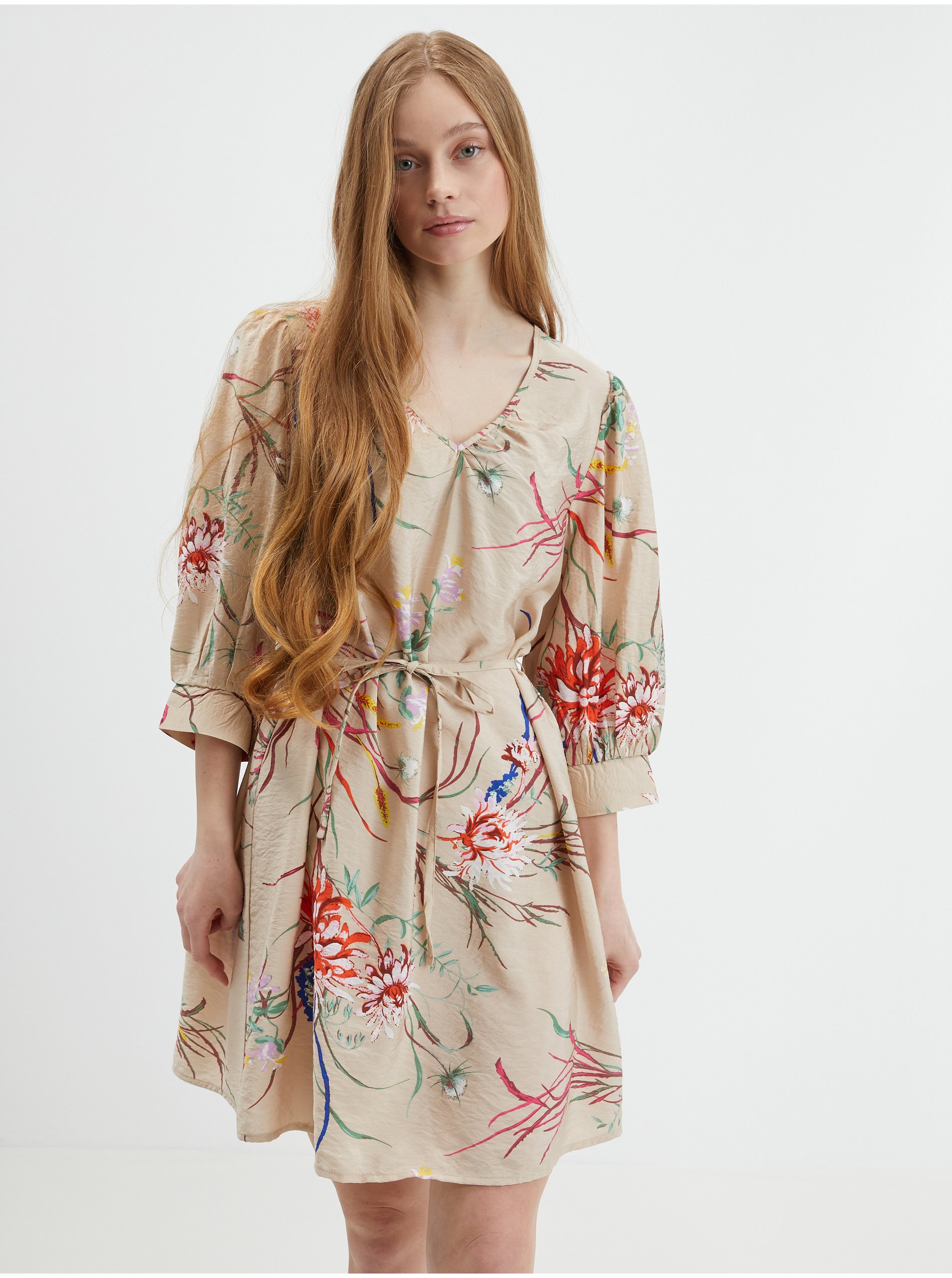 Levně Béžové dámské šaty s květinovým vzorem JDY Ava - Dámské