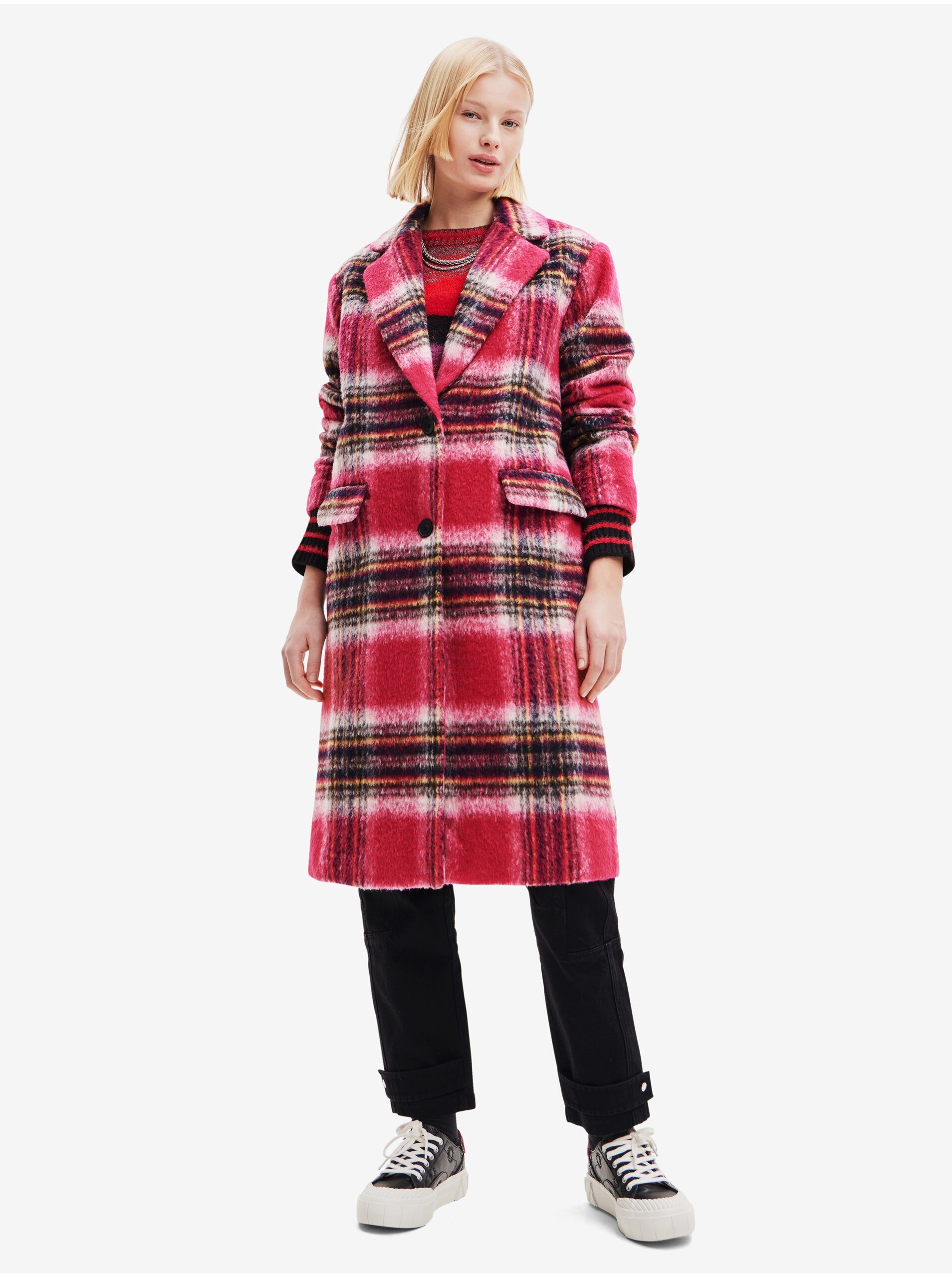 Women's pink plaid coat with wool Desigual Tommy - Women