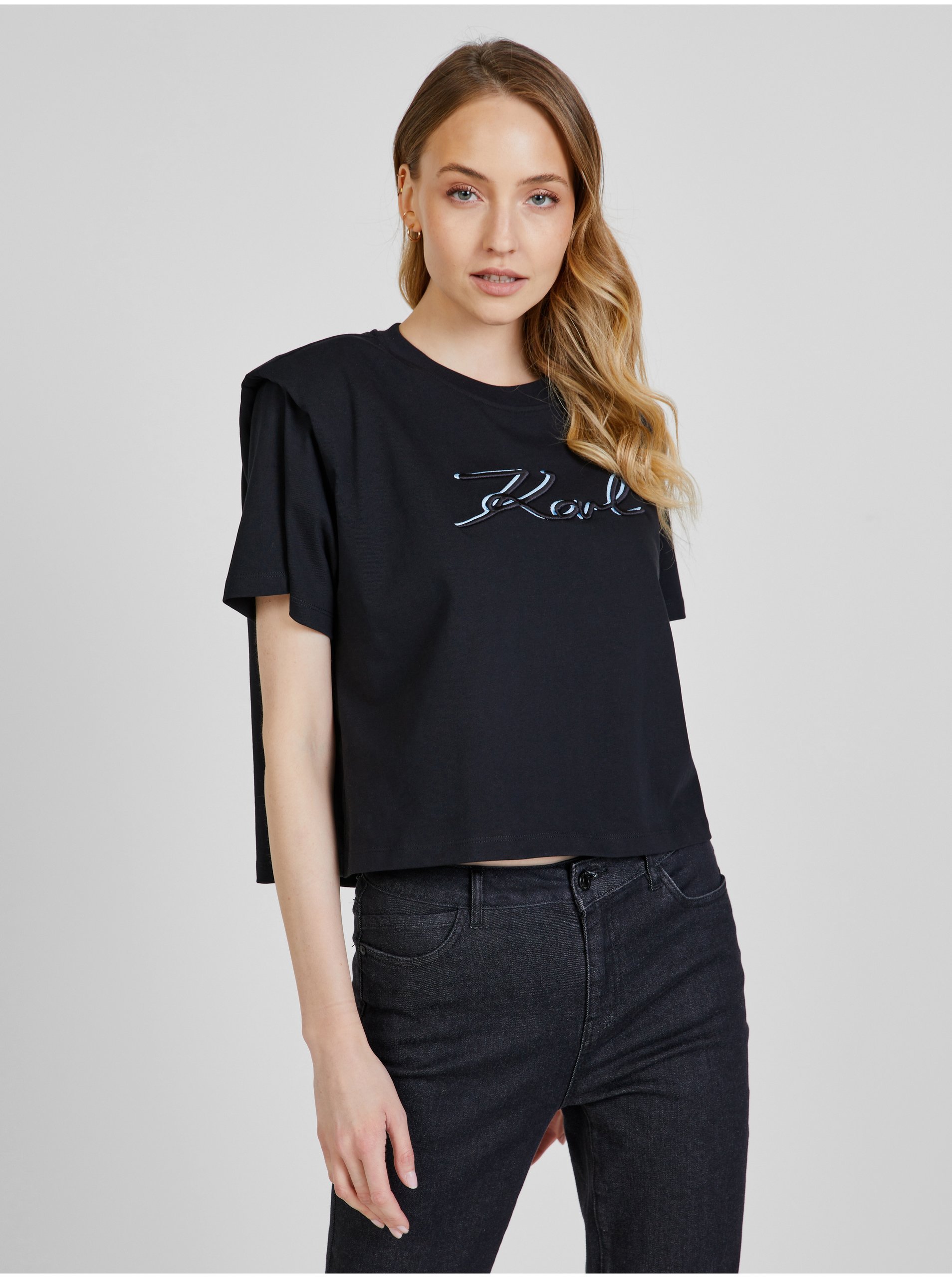 Levně Černé dámské tričko s ramenními vycpávkami KARL LAGERFELD - Dámské