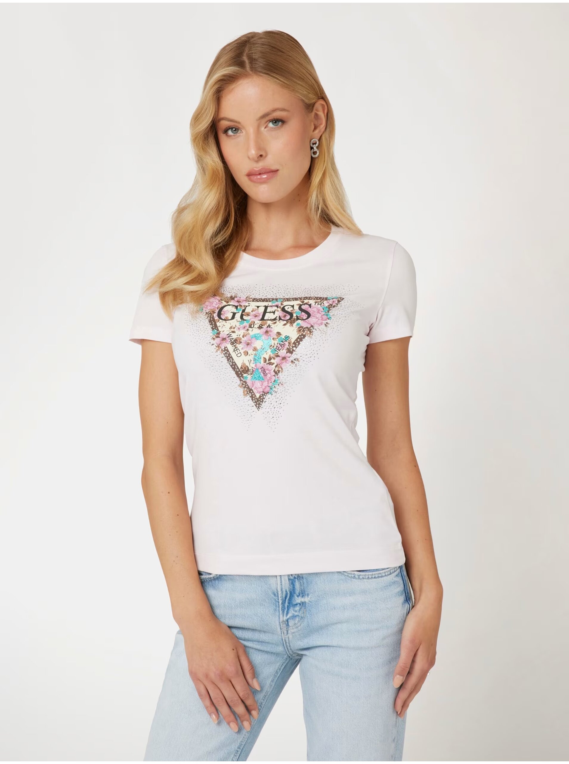 Světle růžové dámské tričko s logem Guess - Dámské