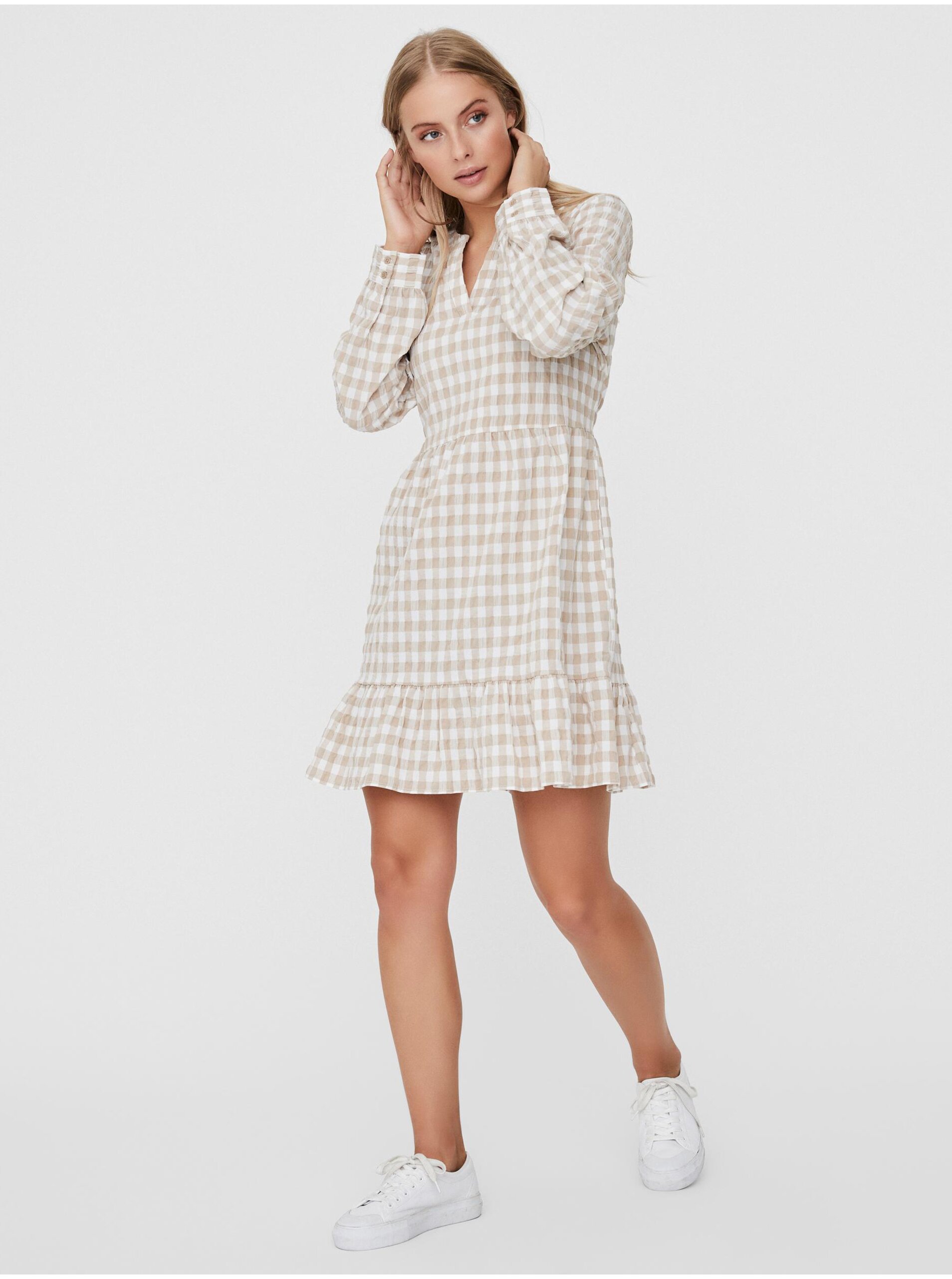 White-beige checkered dress VERO MODA Kimi - Women's