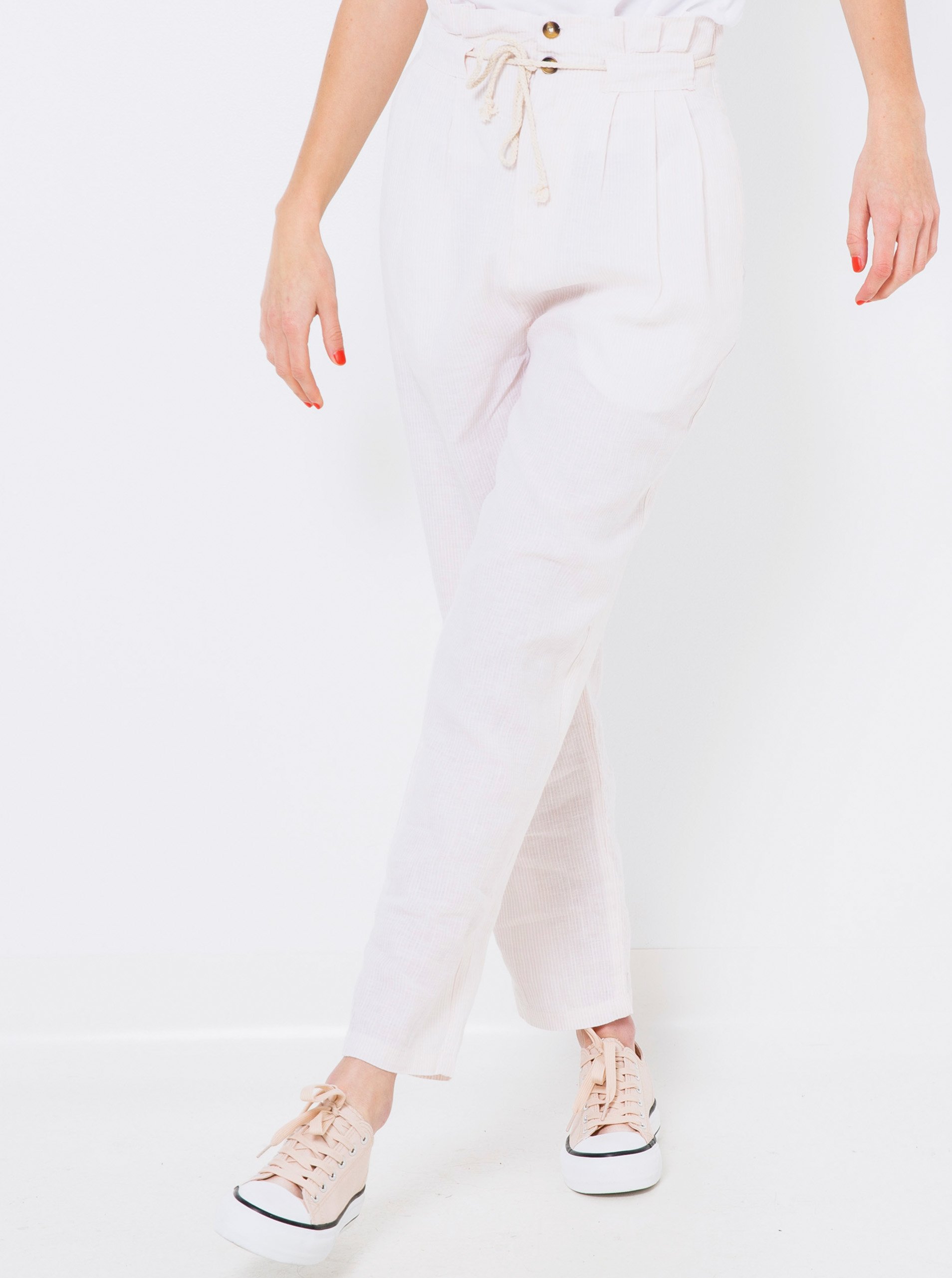 Pink and White Ladies Striped Linen High Waisted Trousers CAMAIEU - Ladies