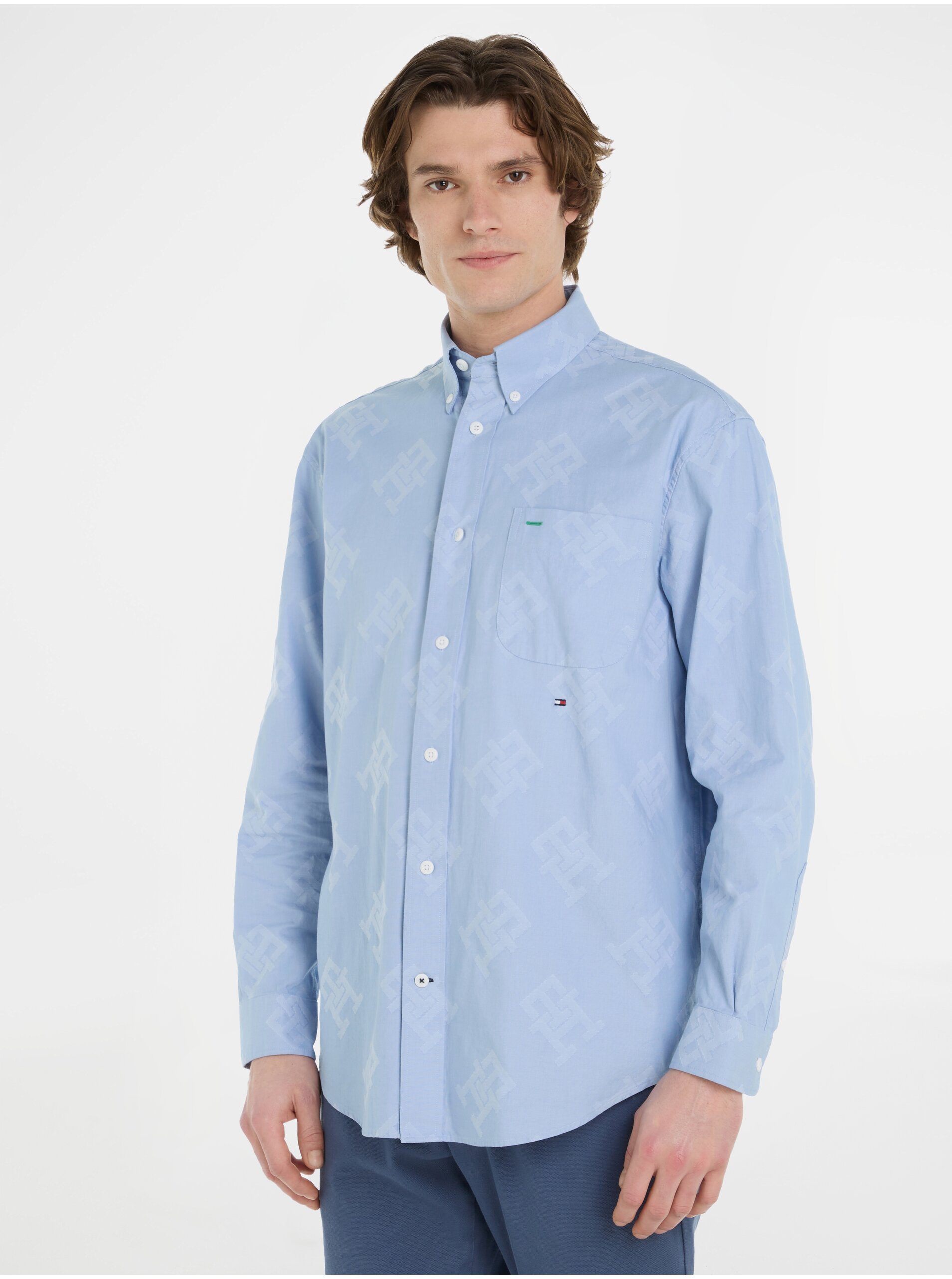 Levně Světle modrá pánská vzorovaná košile Tommy Hilfiger Premium Oxfor - Pánské