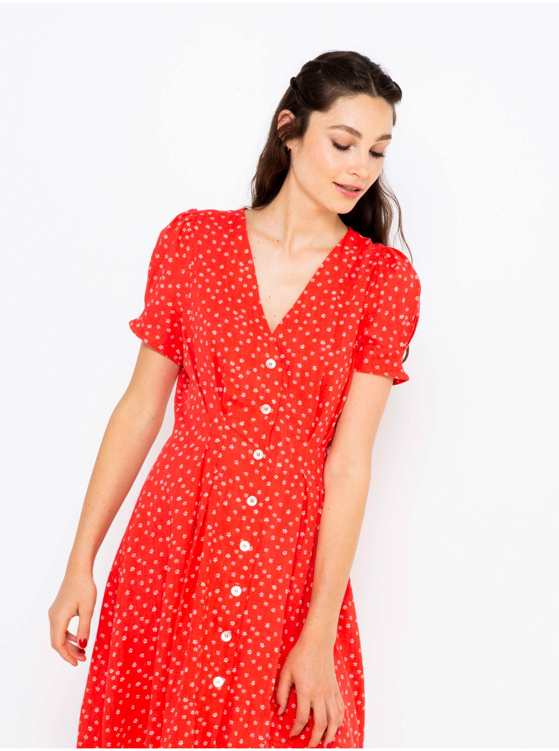 Red Patterned Dress with Buttons CAMAIEU - Women