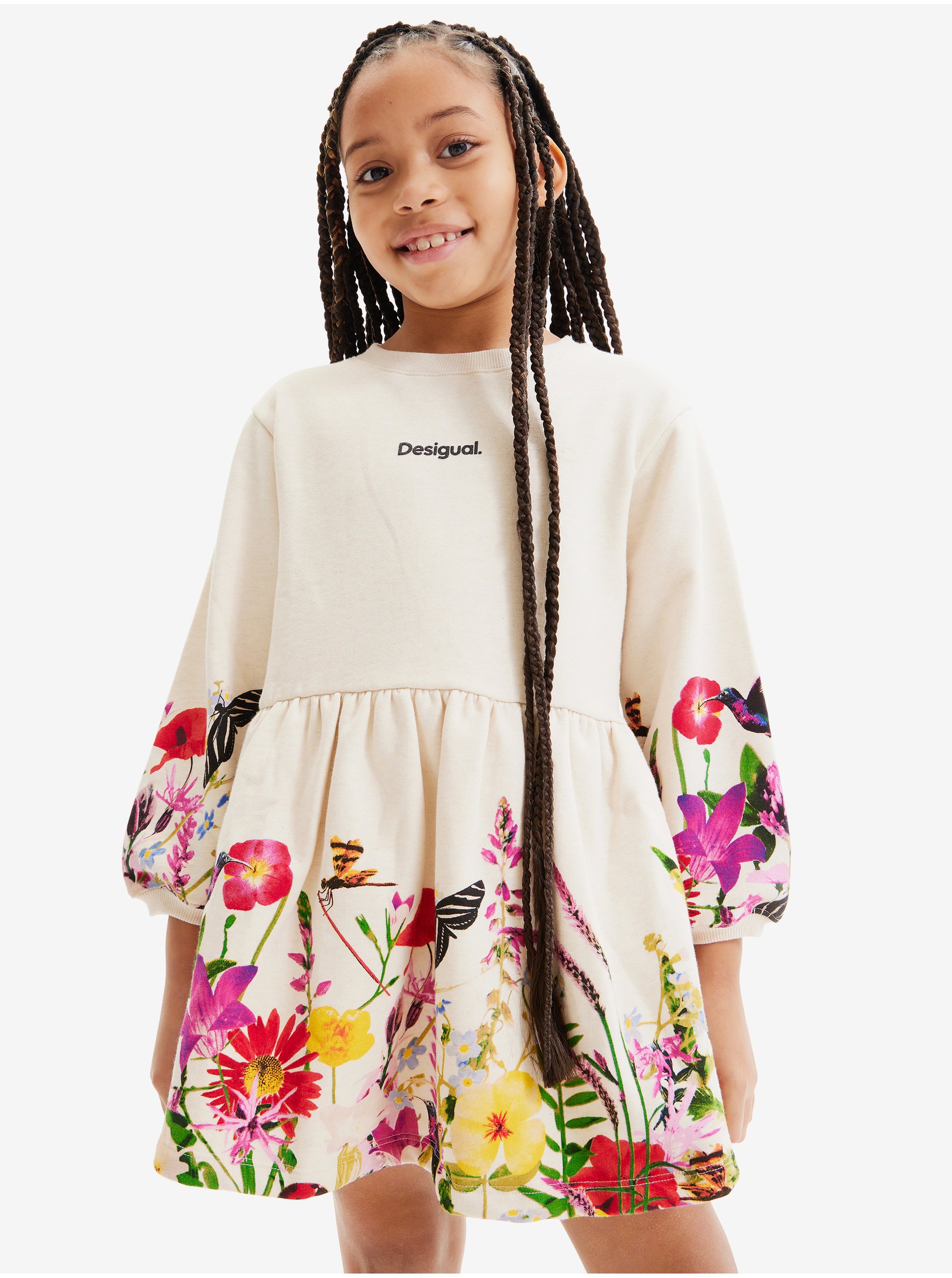 Beige Girly Floral Sweatshirt Dress Desigual Lorena - Girls