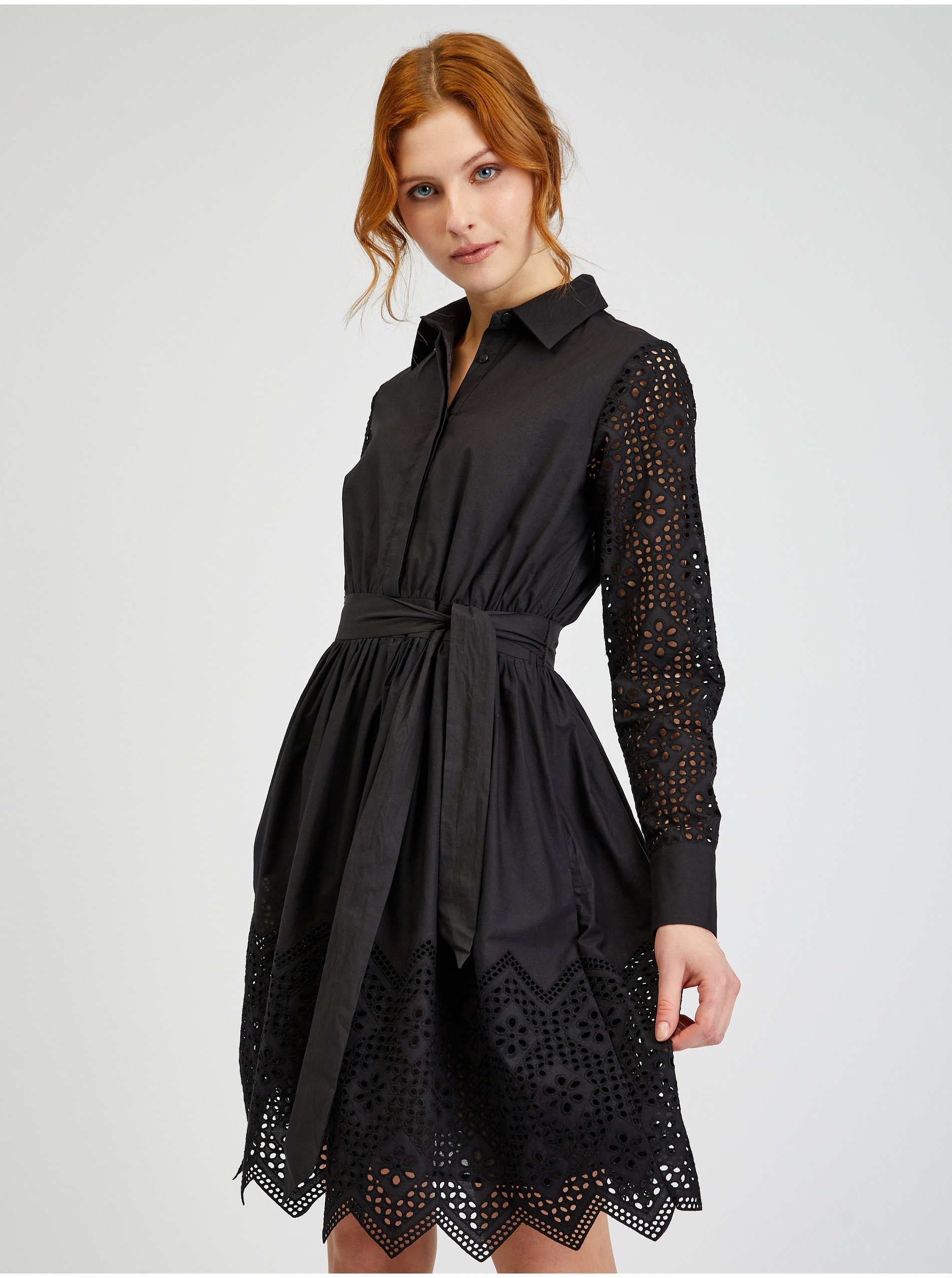 Orsay Black Ladies Perforated Shirt Dress with Tie - Women