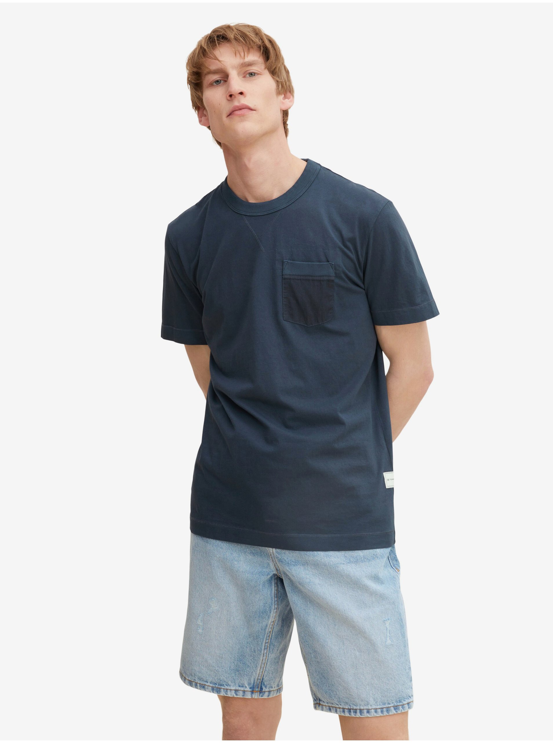 Dark blue mens basic T-shirt with pocket Tom Tailor - Men