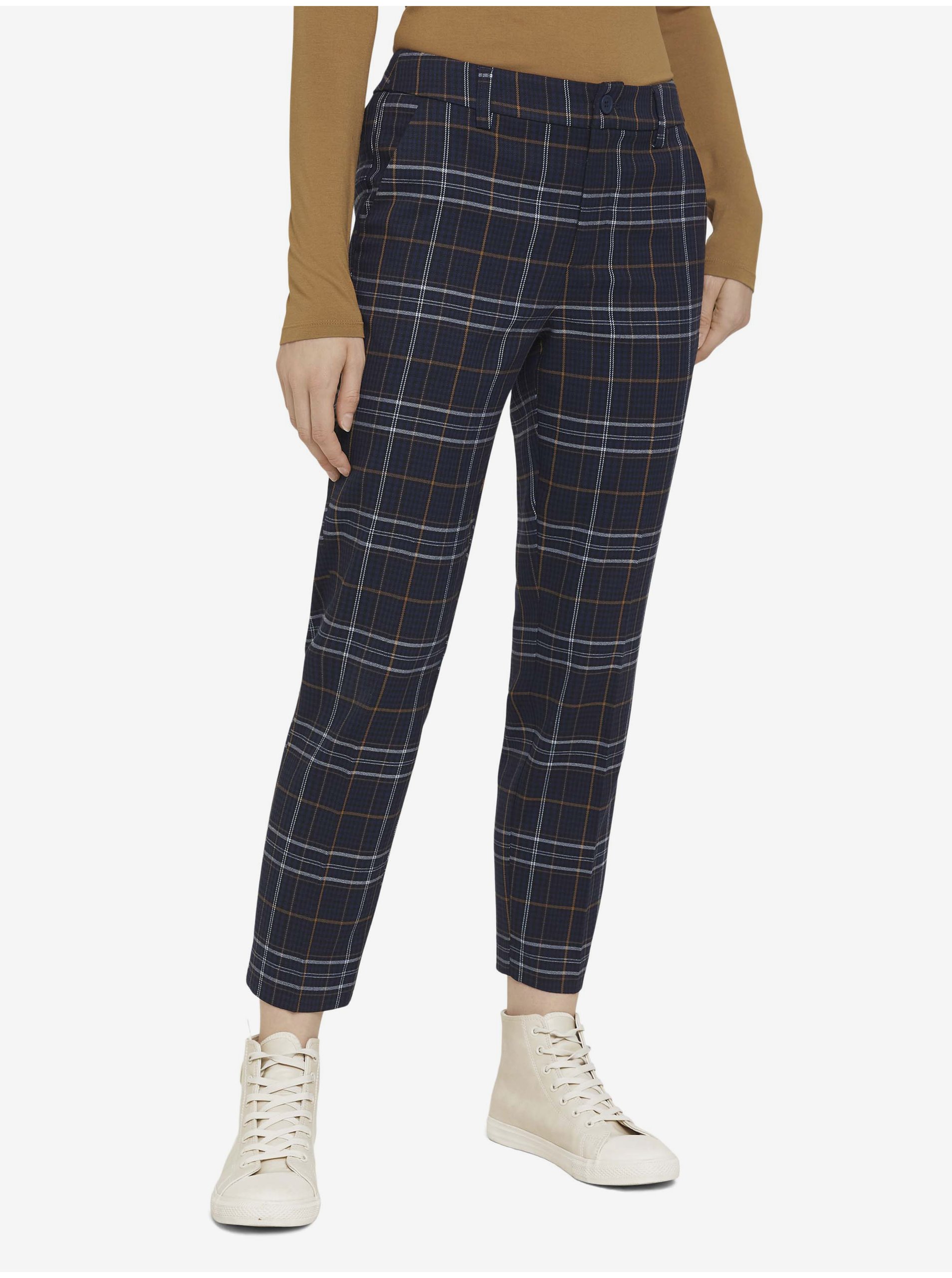 Tmavě modré dámské kostkované zkrácené kalhoty Tom Tailor Denim - Dámské