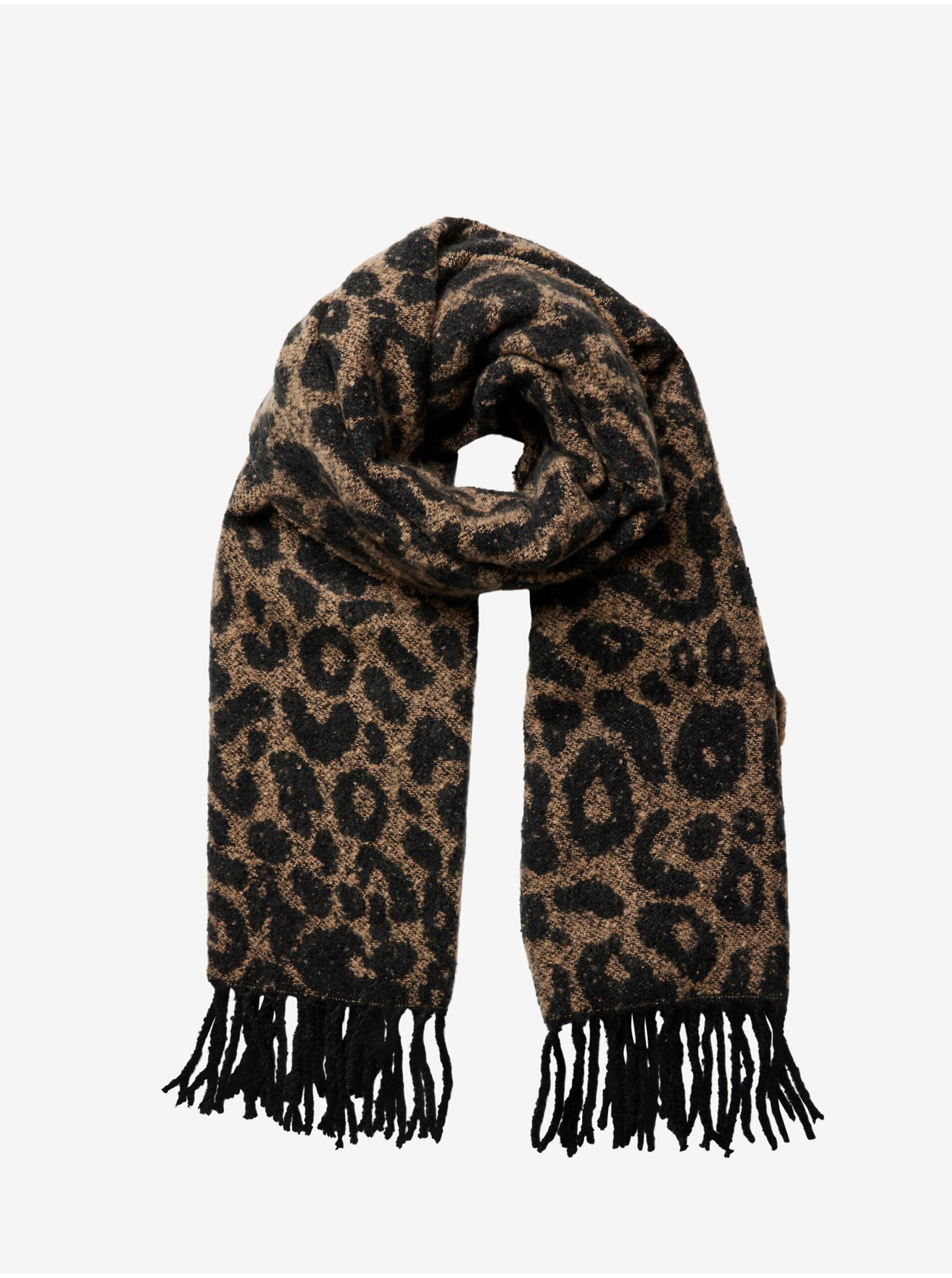 Black-brown women's scarf with animal pattern Pieces Pyron - Women