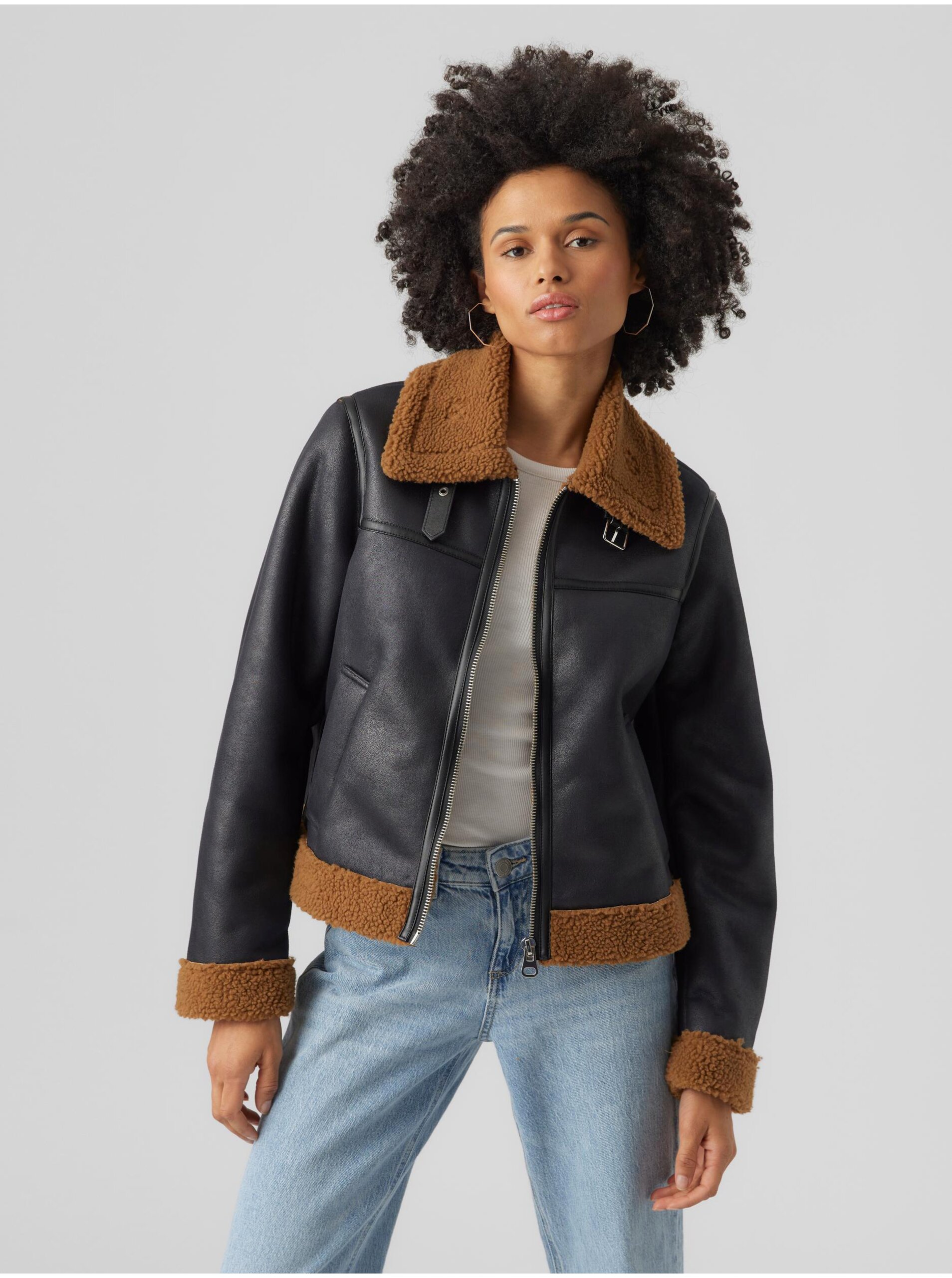 Women's brown-black faux leather jacket VERO MODA Manhattan - Women