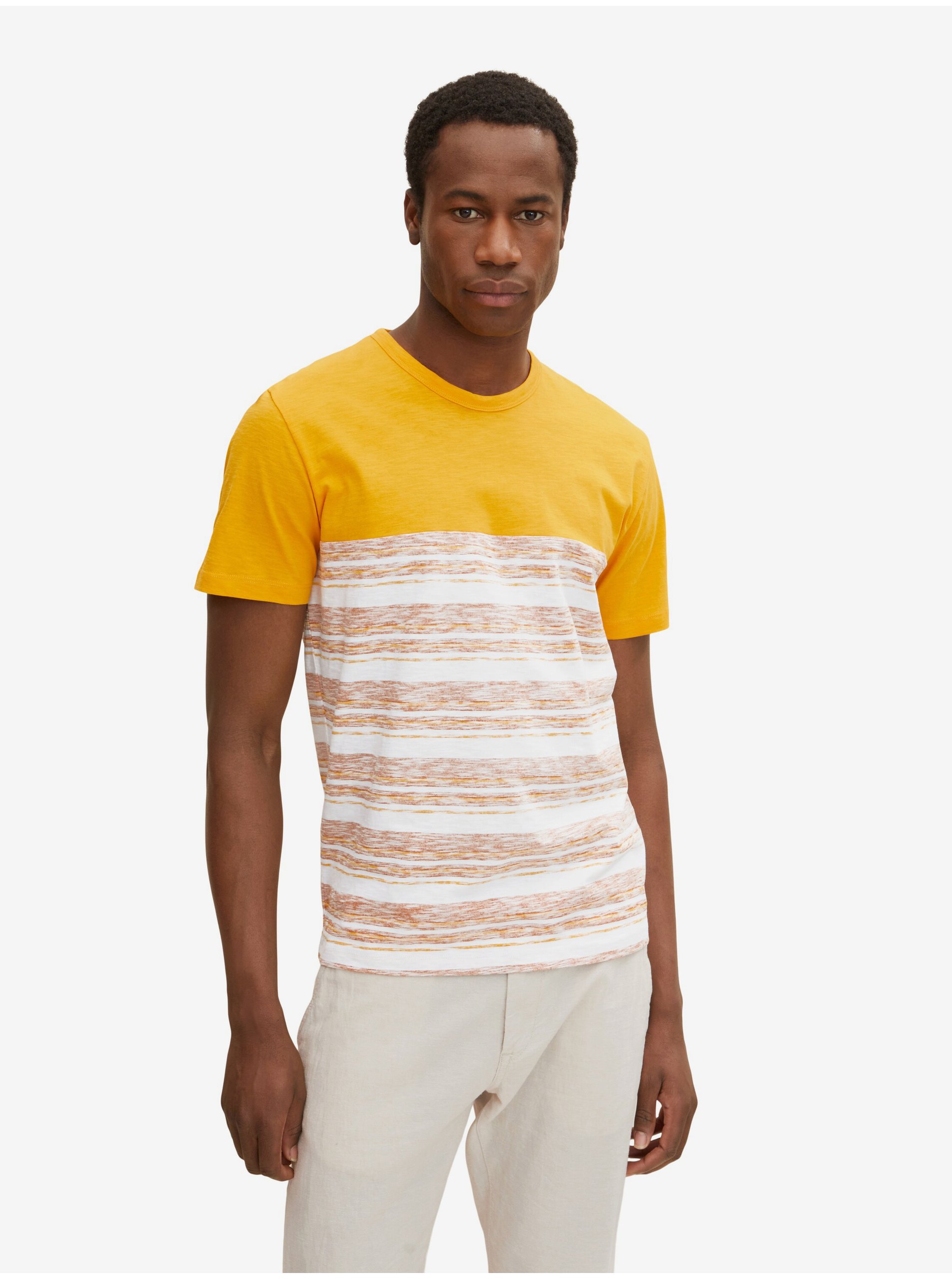 Levně Bílo-oranžové pánské pruhované tričko Tom Tailor - Pánské