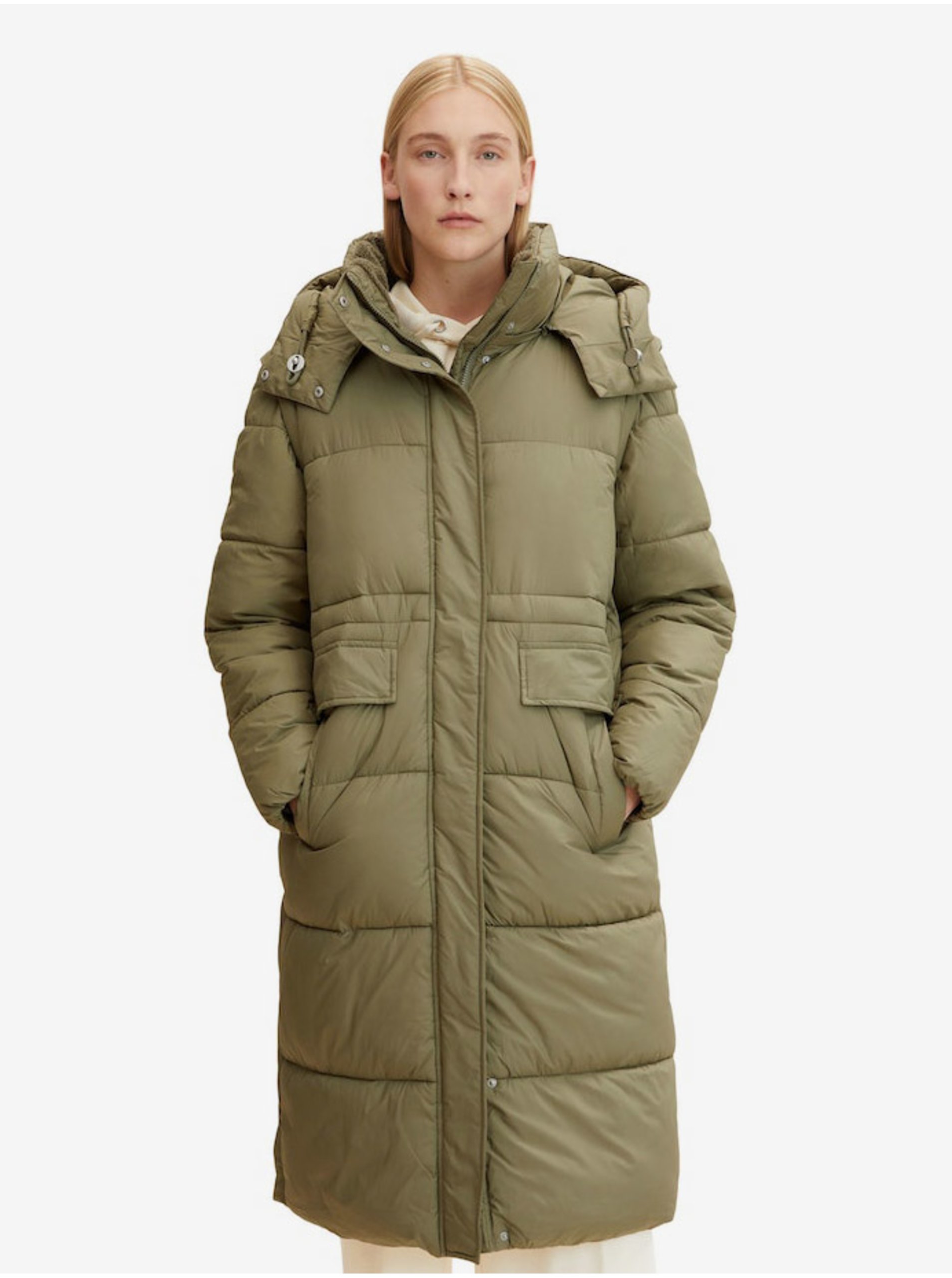 Tom Tailor Green Women's Quilted Winter Coat with Detachable Sleeves and Hood T - Women