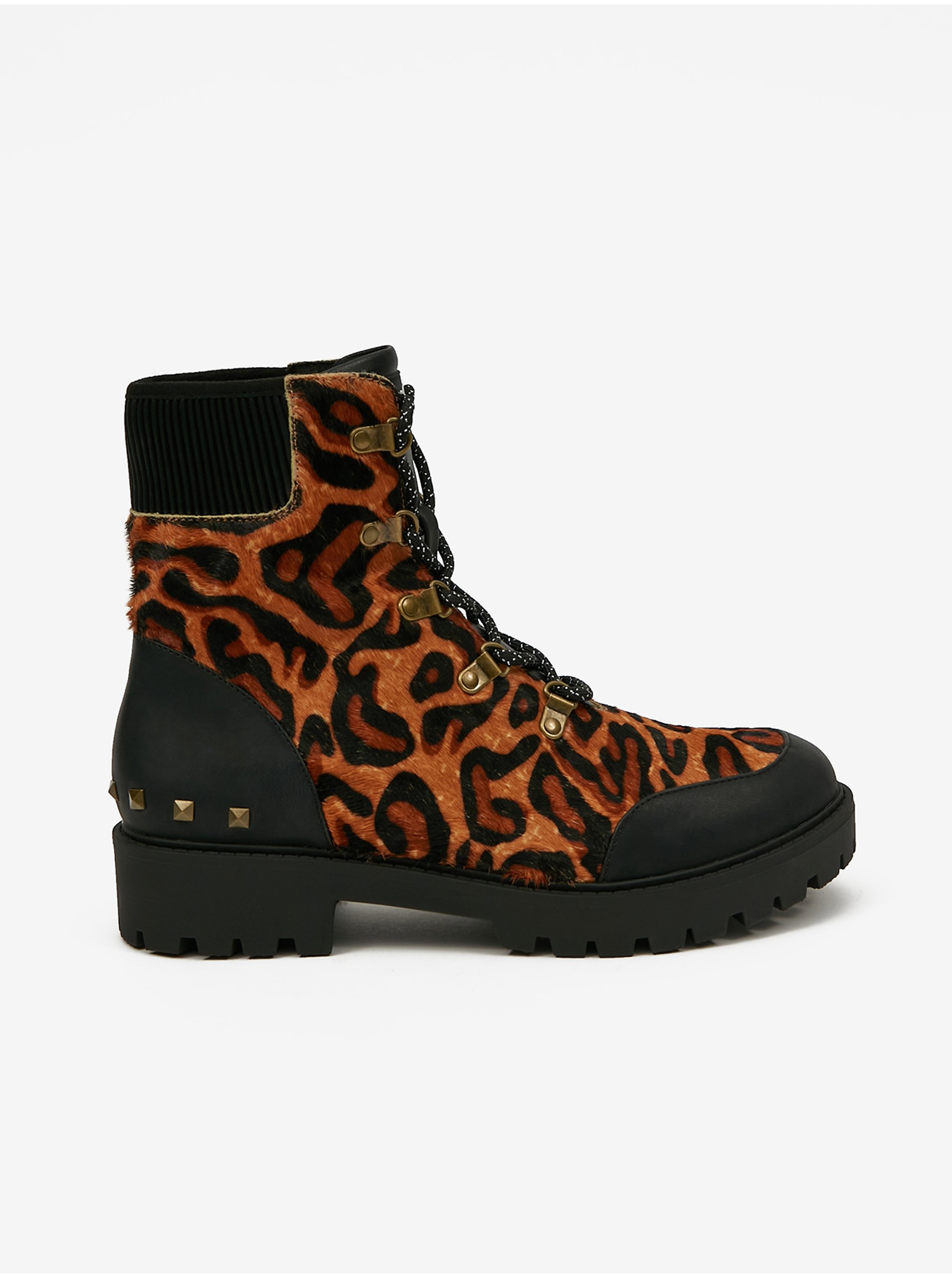 Levně Hnědé dámské kožené kotníkové boty s leopardím vzorem Desigual Biker Le - Dámské