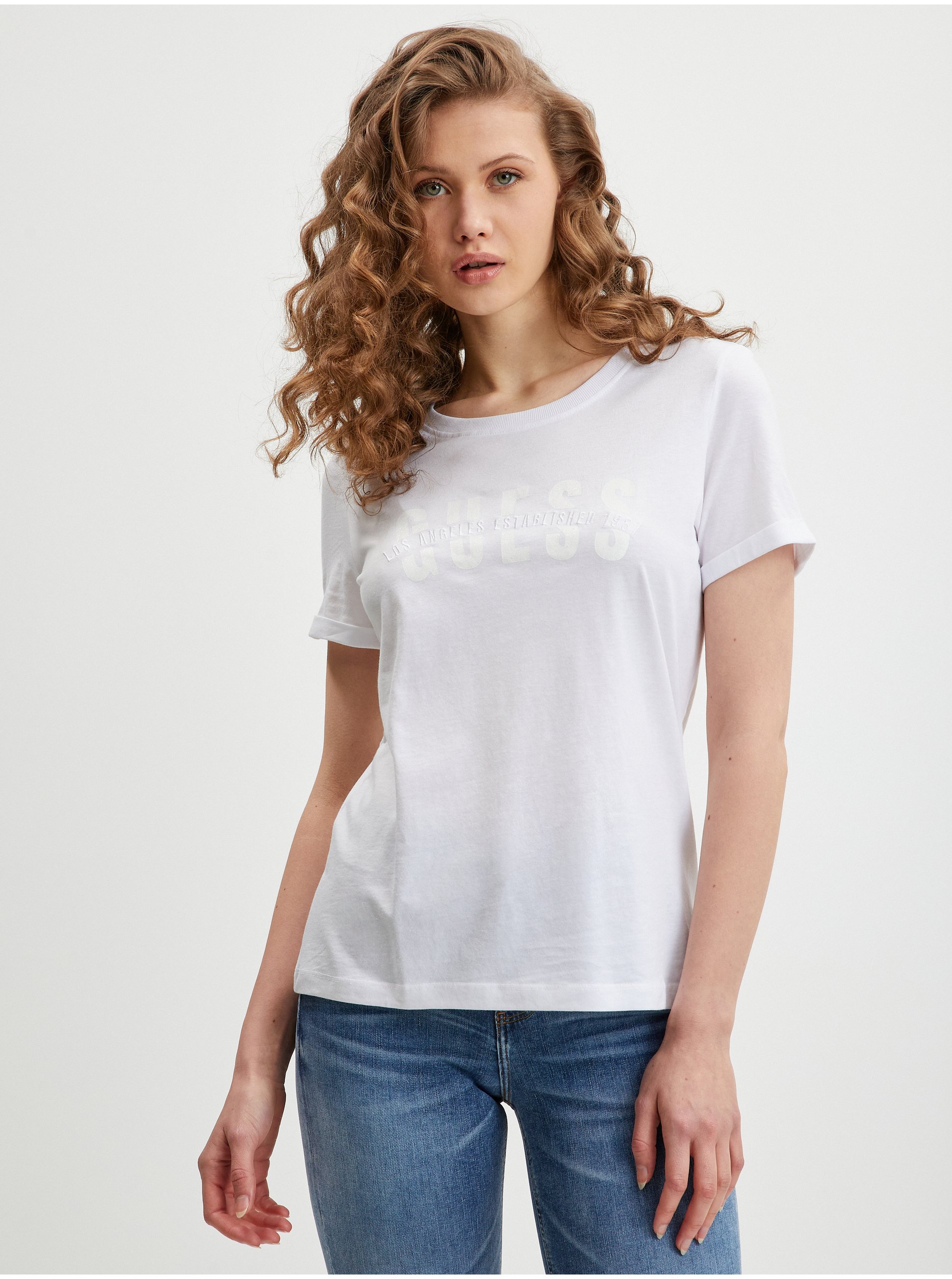 Levně Bílé dámské tričko Guess Agata - Dámské