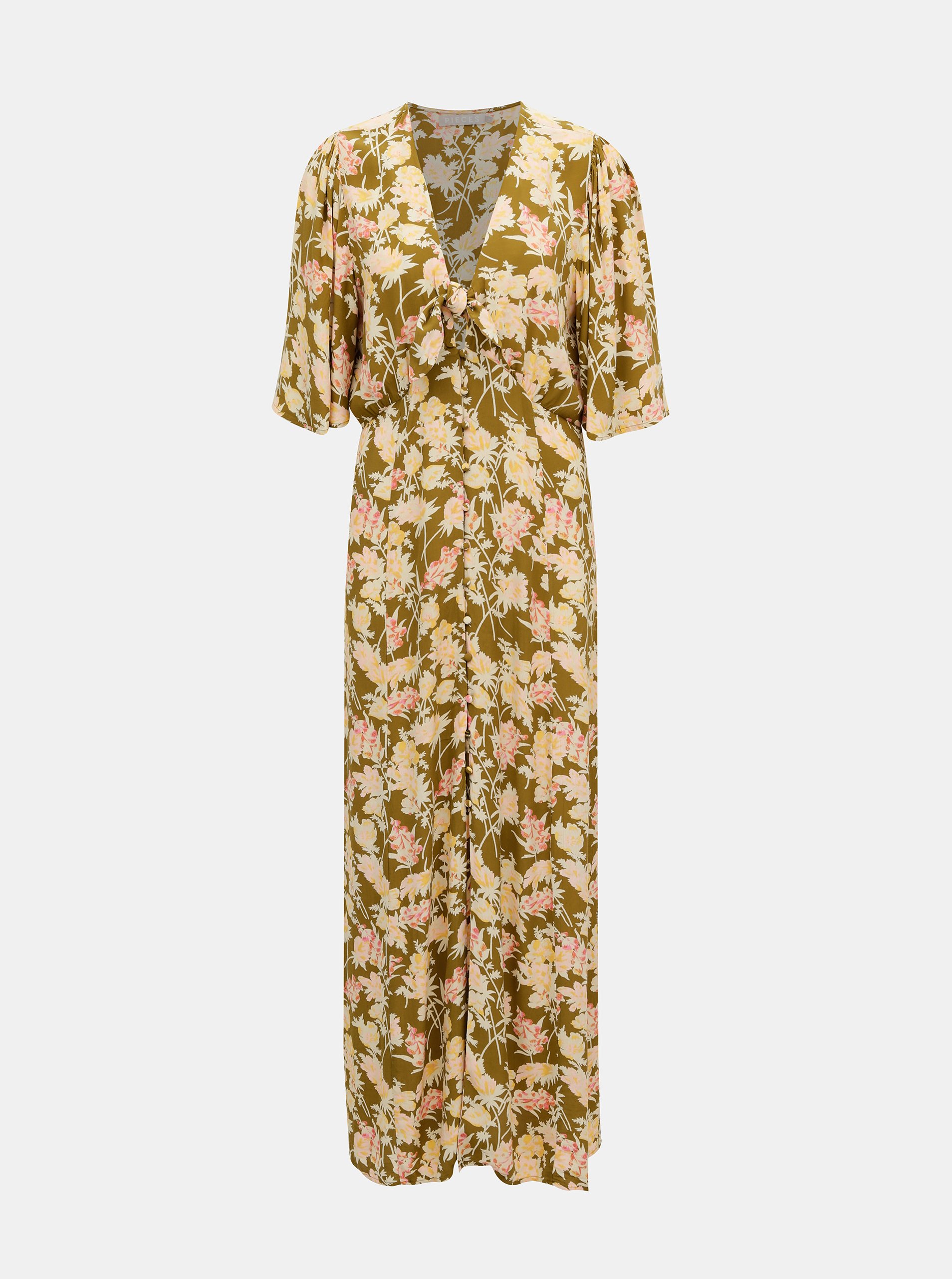 Khaki květované maxi šaty Pieces Polly - Dámské