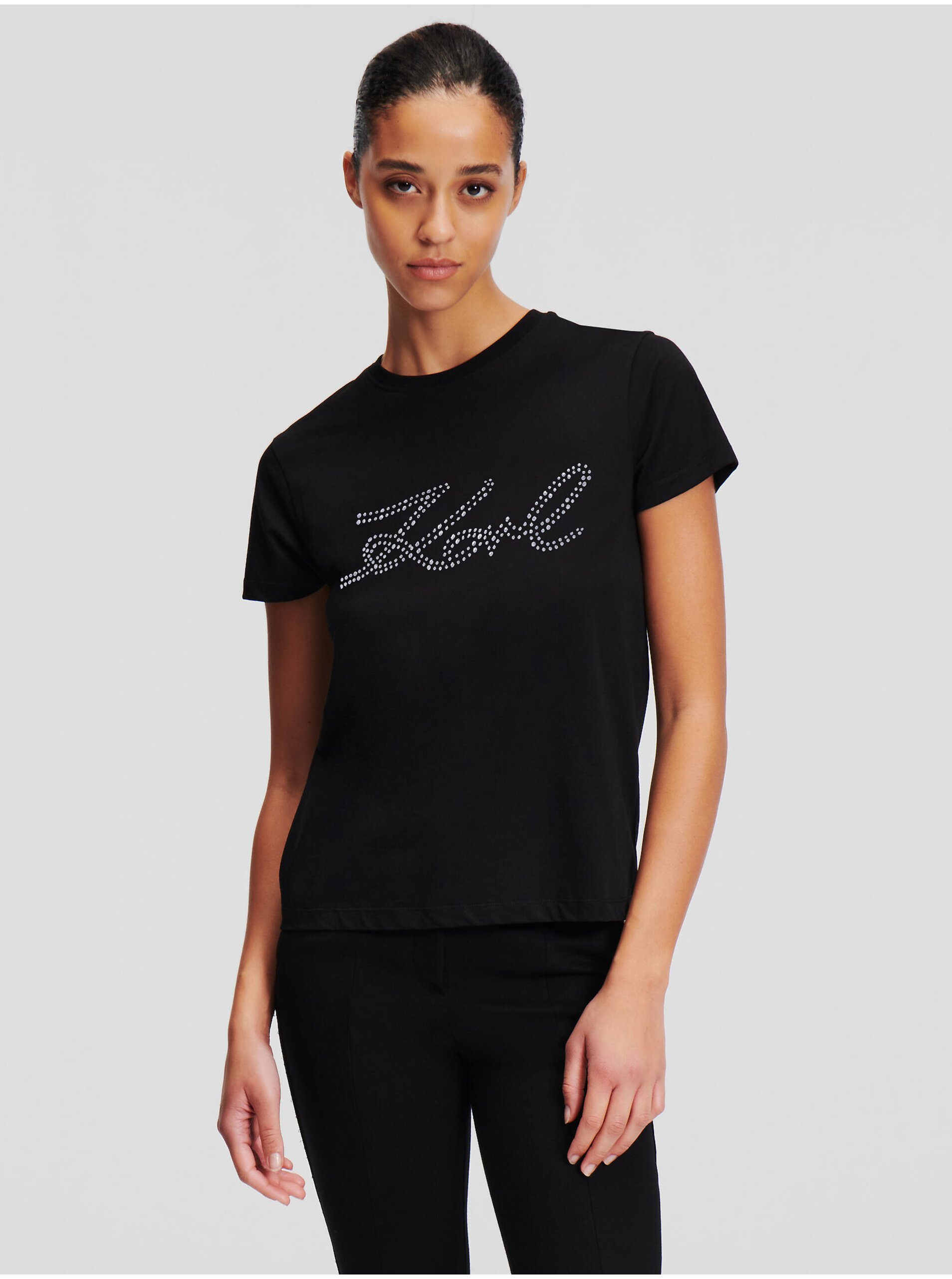 Levně Černé dámské tričko KARL LAGERFELD Rhinestone Logo - Dámské