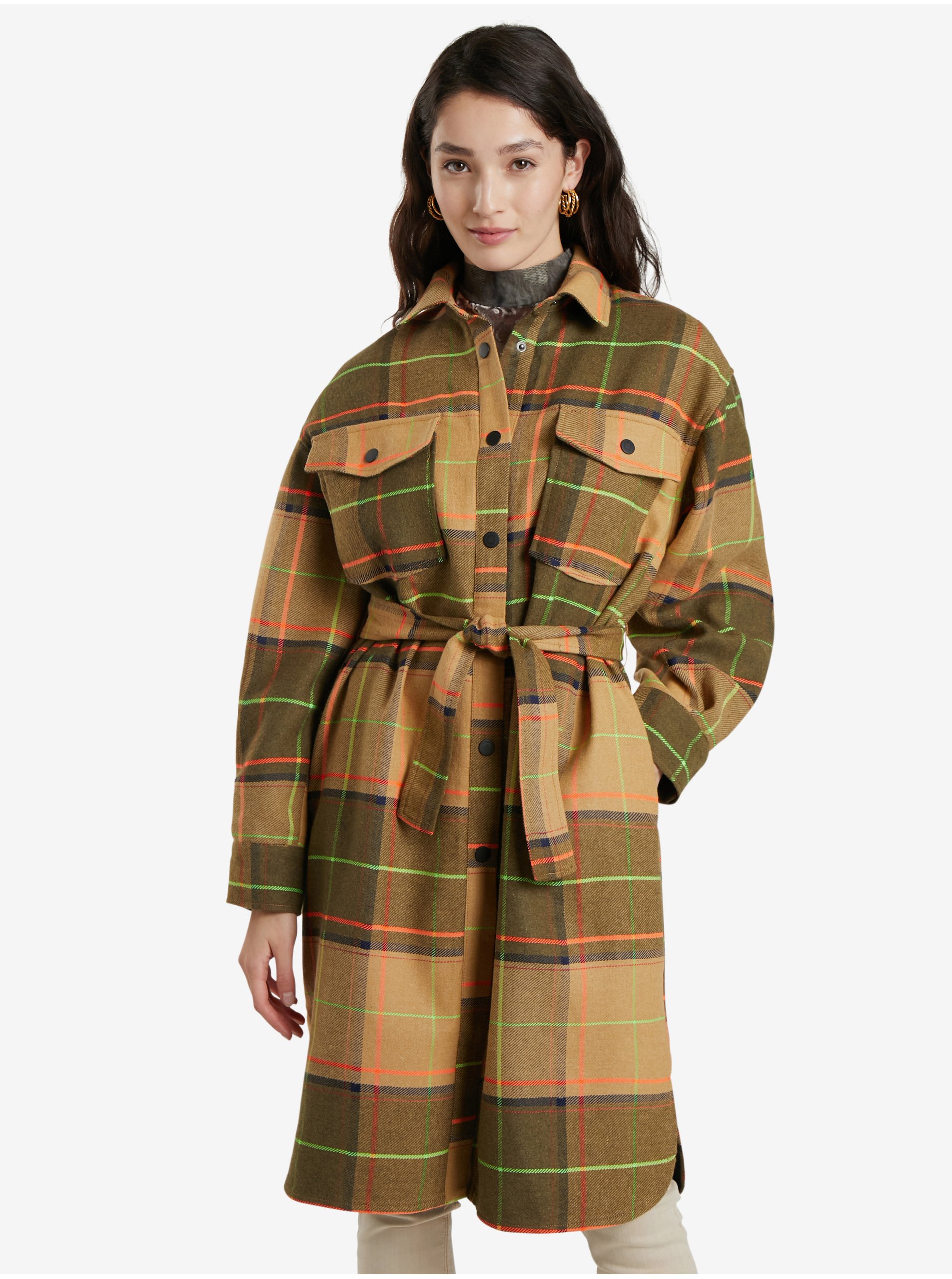 Brown Ladies Checkered Coat Desigual Abrig Checks - Ladies