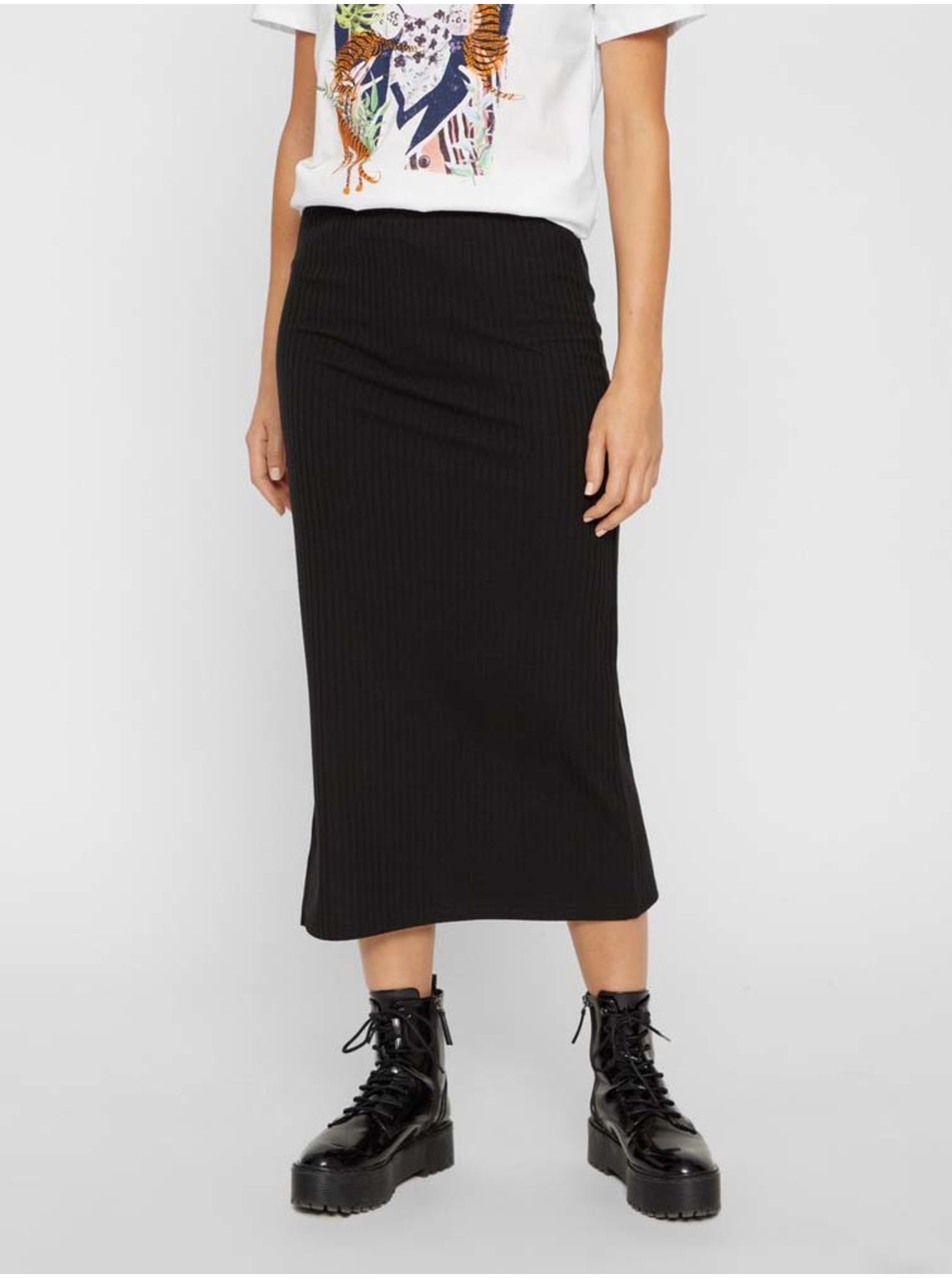 Black Ribbed Midi Skirt with Slit Pieces Kylie - Women