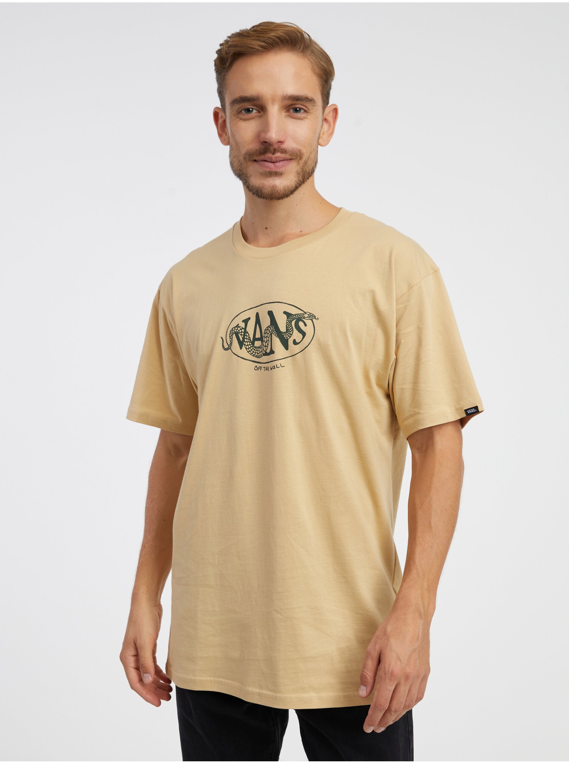 Levně Béžové pánské tričko VANS Snaked Center Logo - Pánské