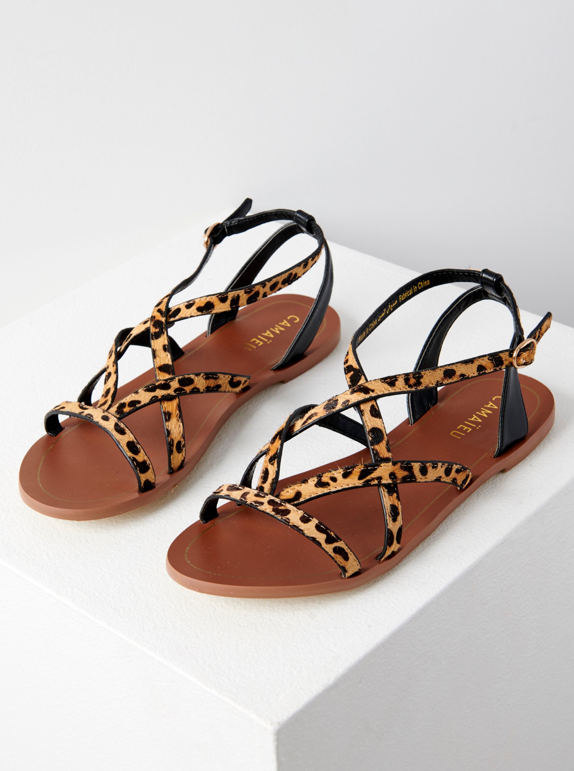 Brown Leather Sandals with Leopard Pattern CAMAIEU - Women