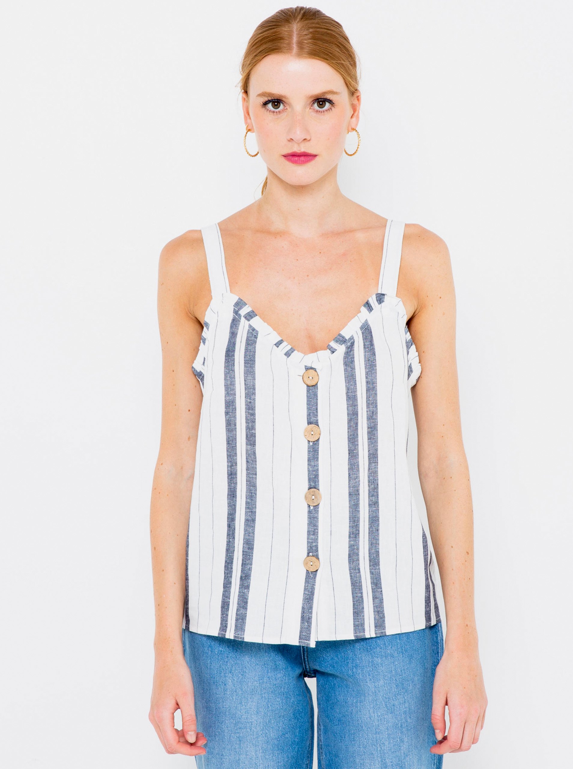 Blue And White Linen Striped Top CAMAIEU - Women