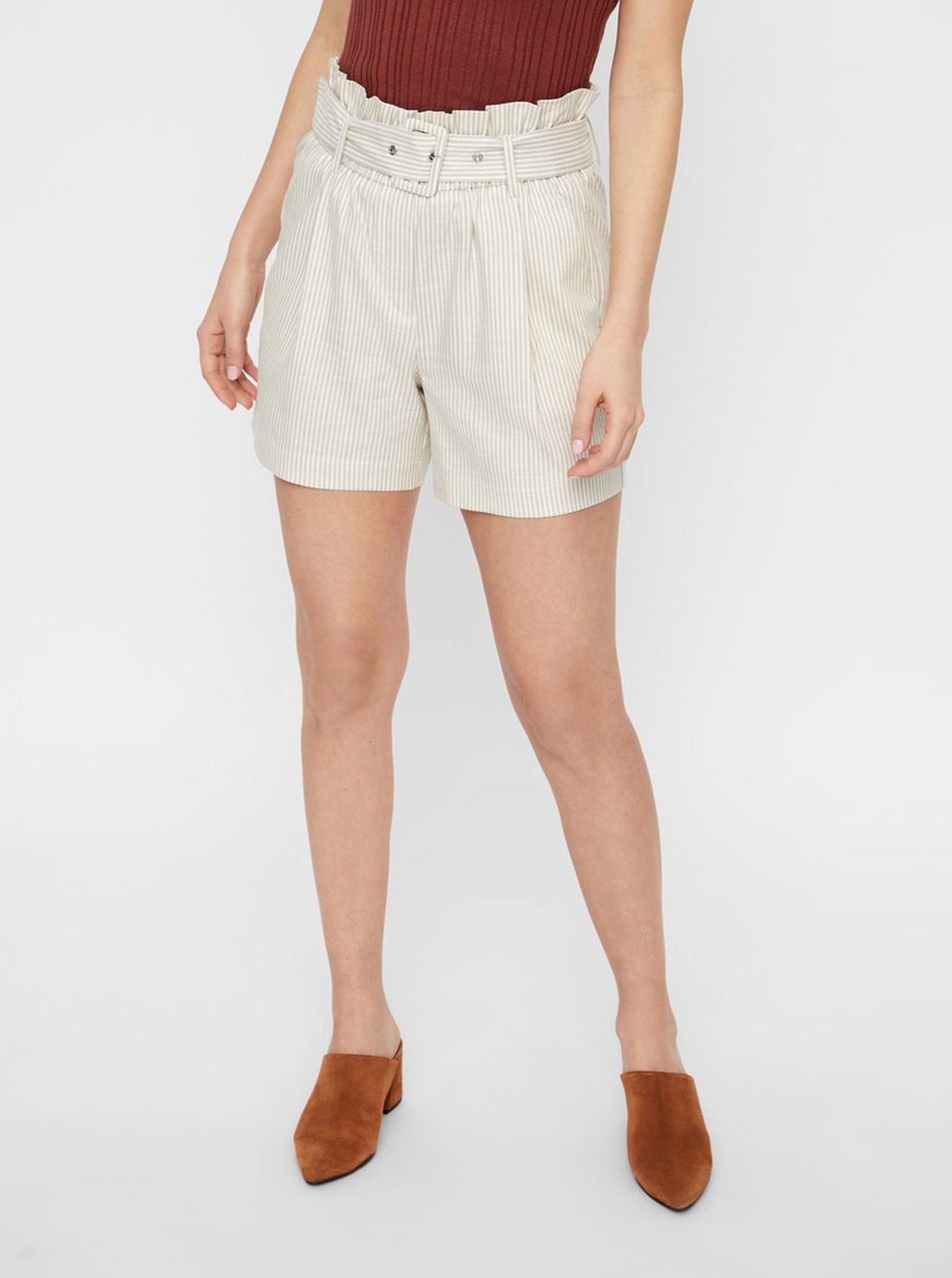 Beige Striped High Waist Shorts VERO MODA Gally - Women