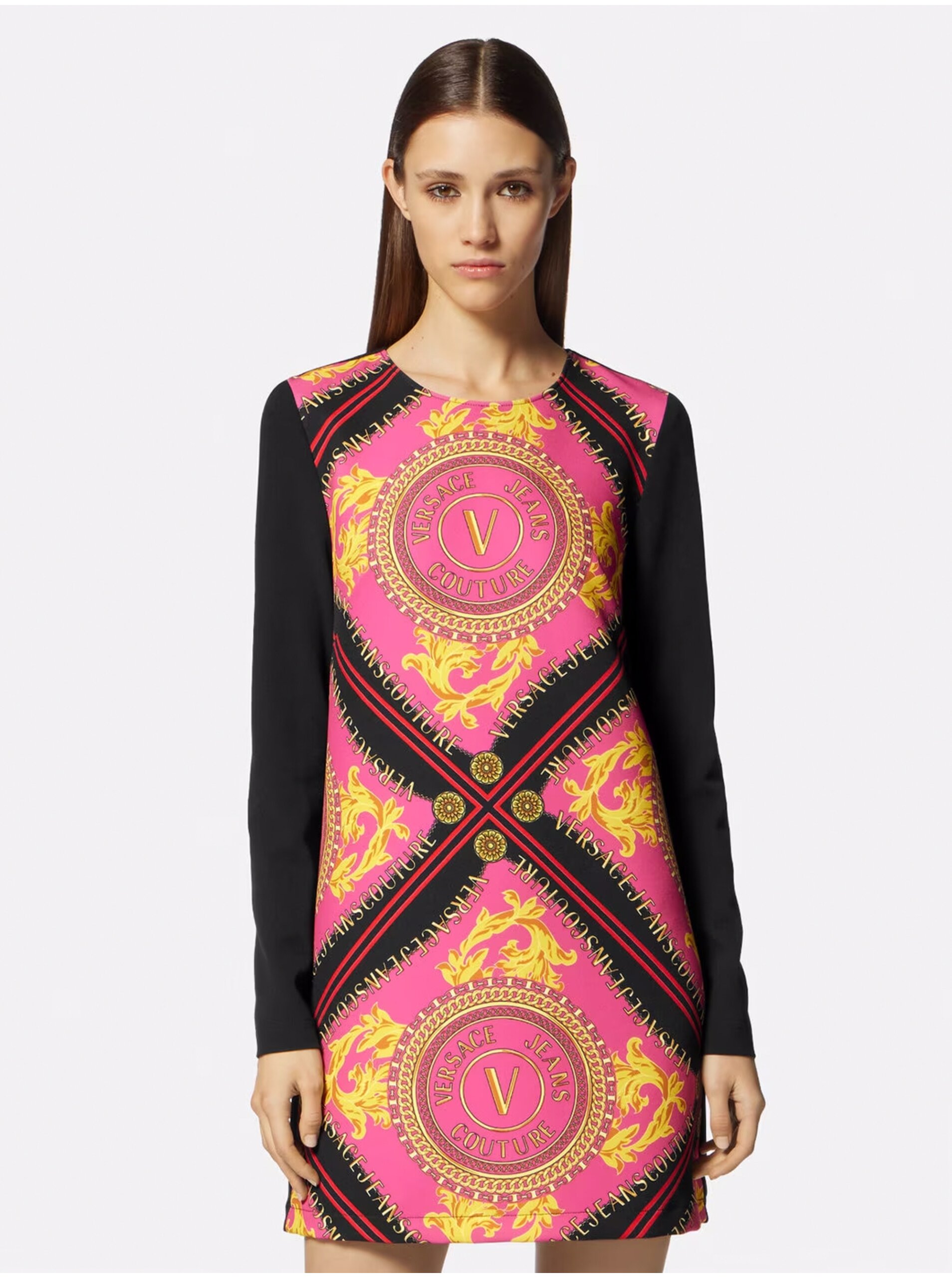 Levně Černo-růžové dámské vzorované šaty Versace Jeans Couture - Dámské