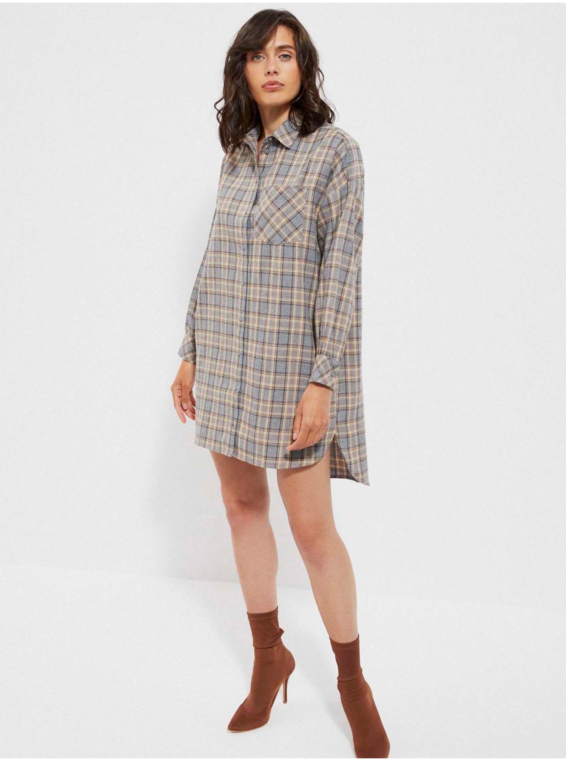 Beige-gray Ladies Shirt Checkered Dress Moodo - Women