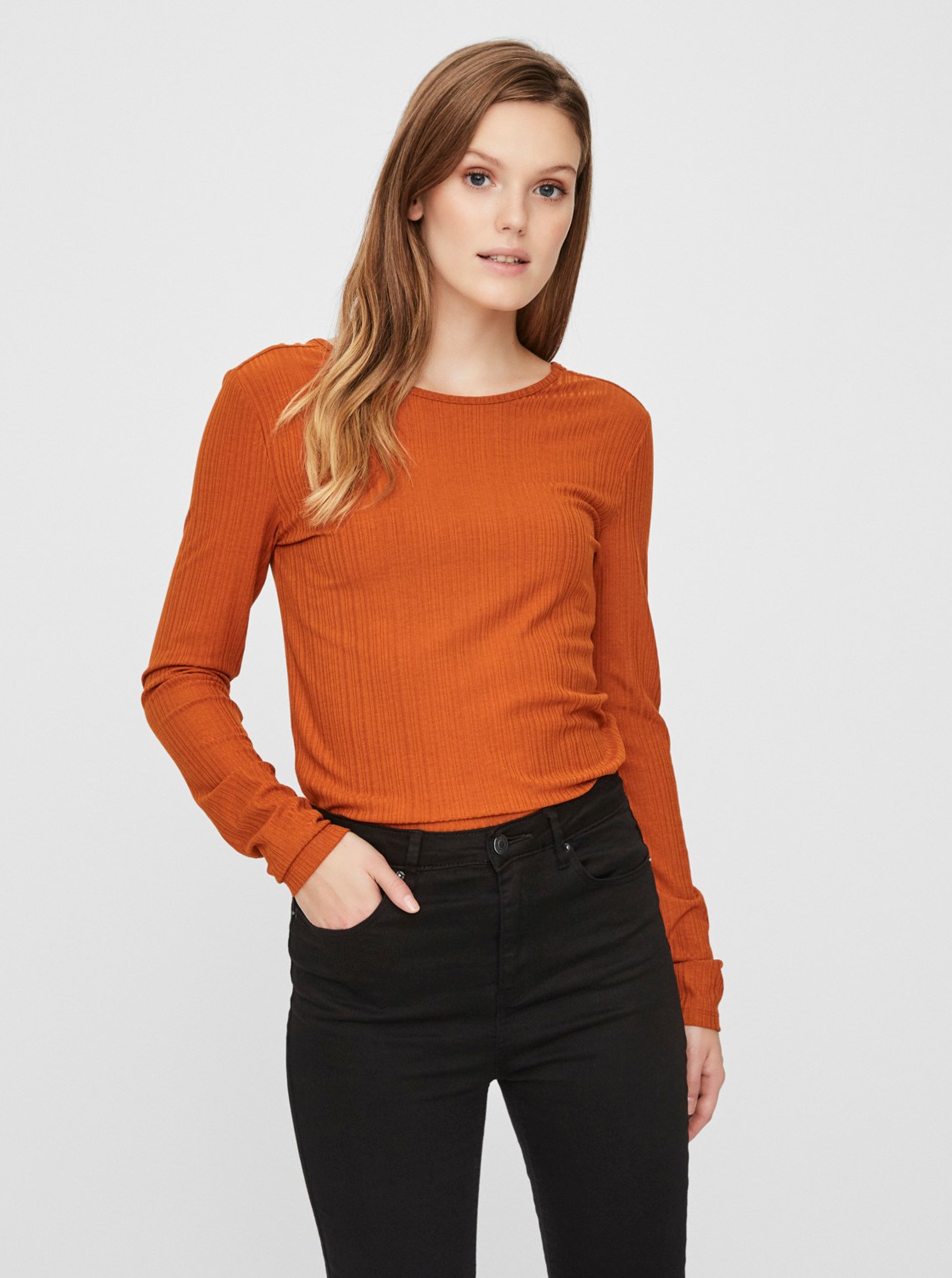 AWARE by VERO MODA Hnědé žebrované tričko VERO MODA Ketti - Dámské