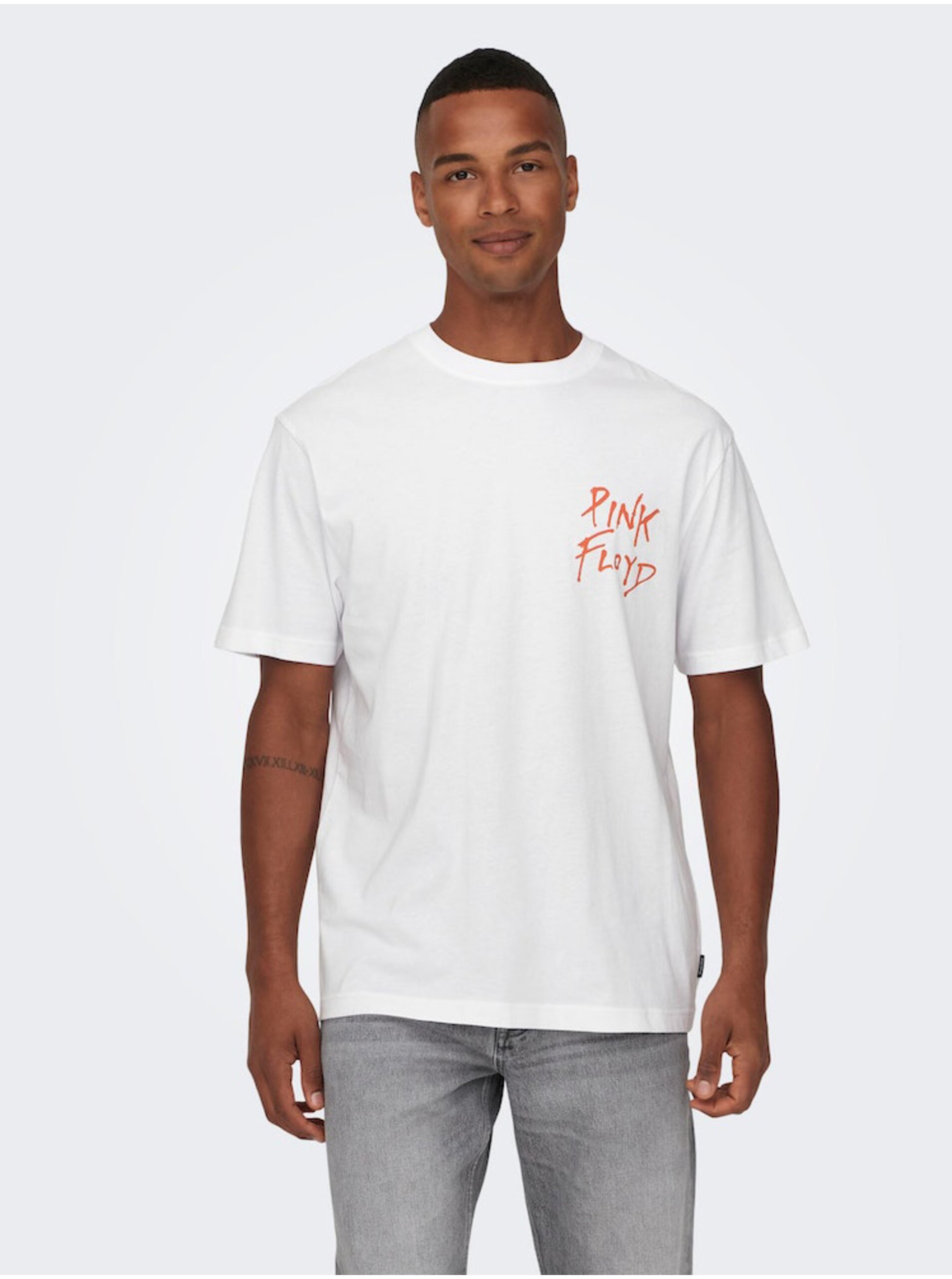 Levně Bílé pánské tričko s krátkým rukávem ONLY & SONS Pink Floyd - Pánské