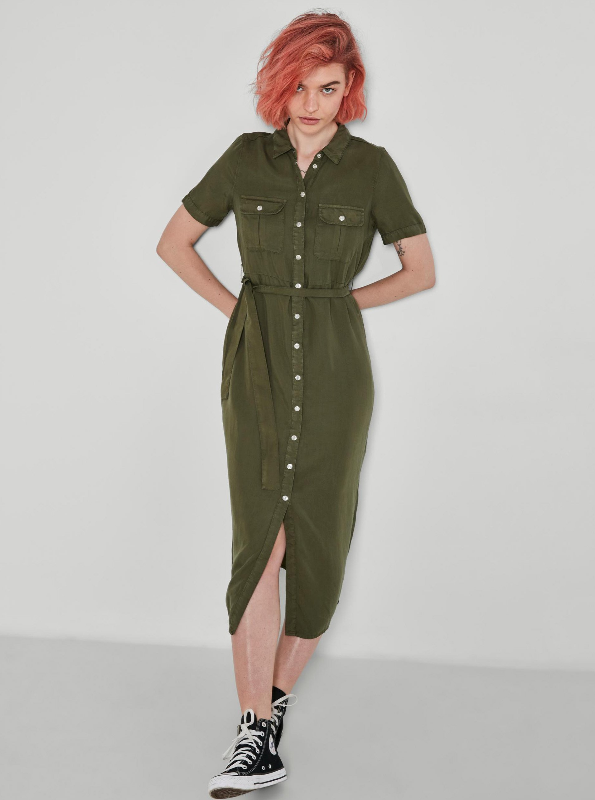 Khaki Shirt Maxi Dress with Tie Noisy May Cersei