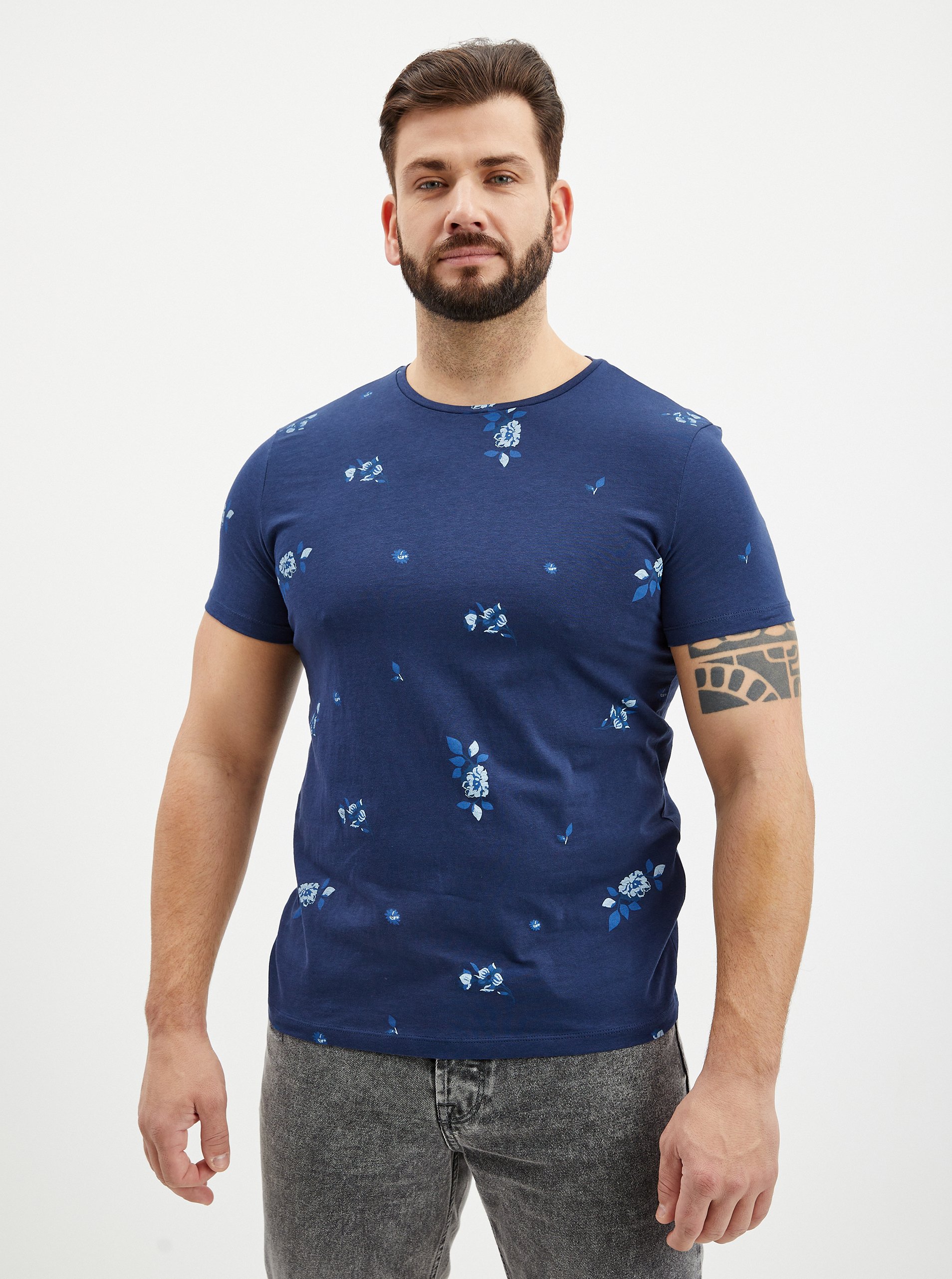Levně Tmavě modré pánské vzorované tričko Blend - Pánské