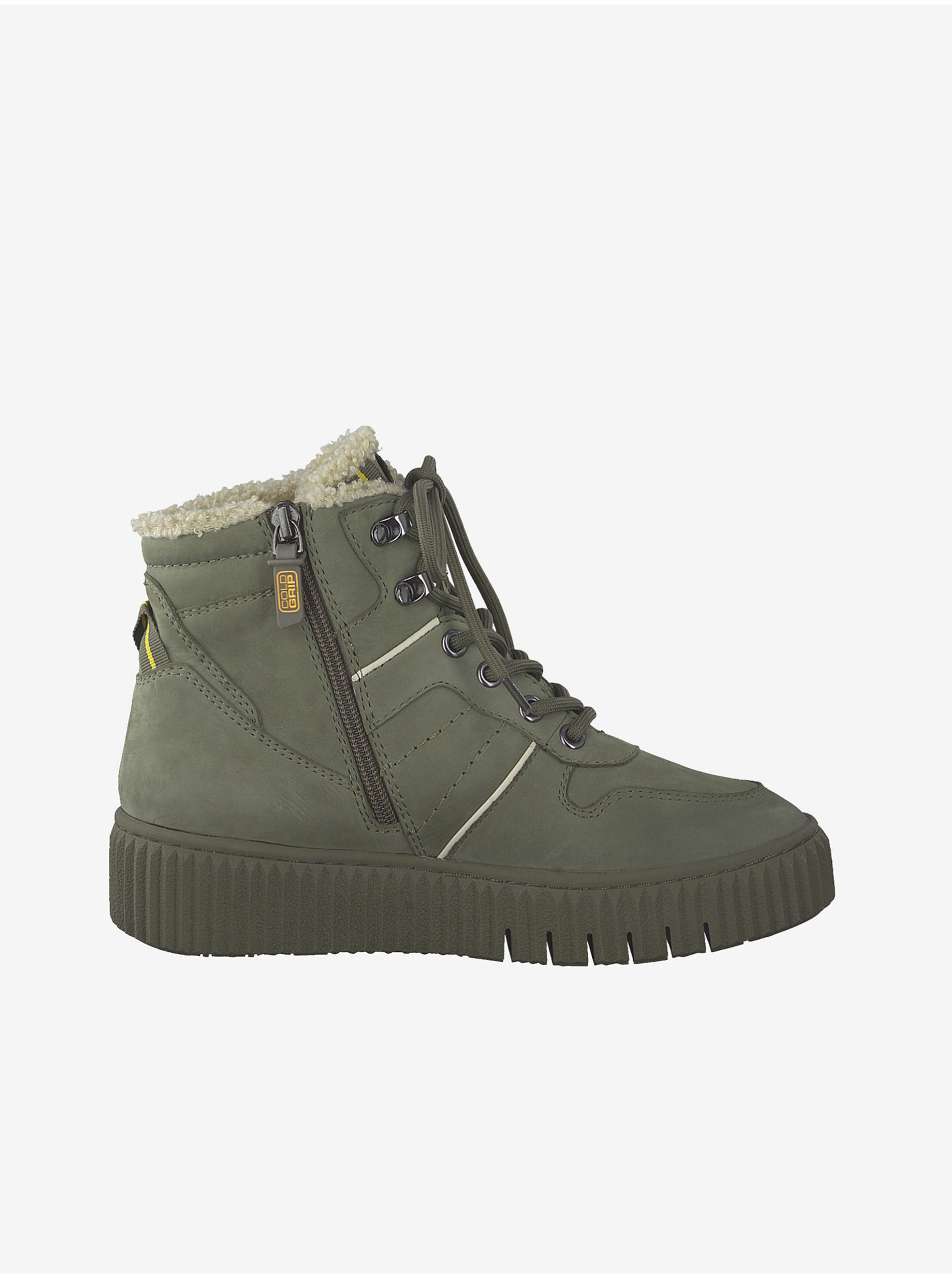 Khaki leather ankle winter boots with faux fur Tamaris - Women's