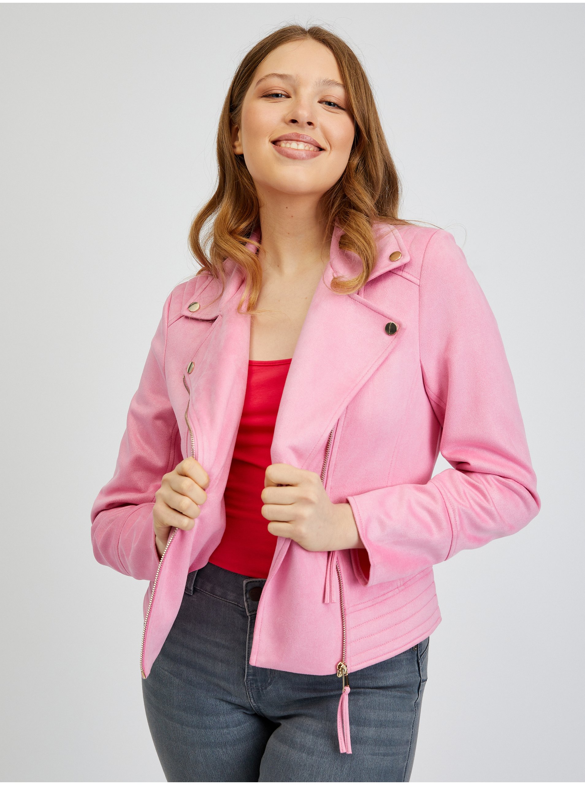 Levně Orsay Růžová dámská koženková bunda v semišové úpravě - Dámské