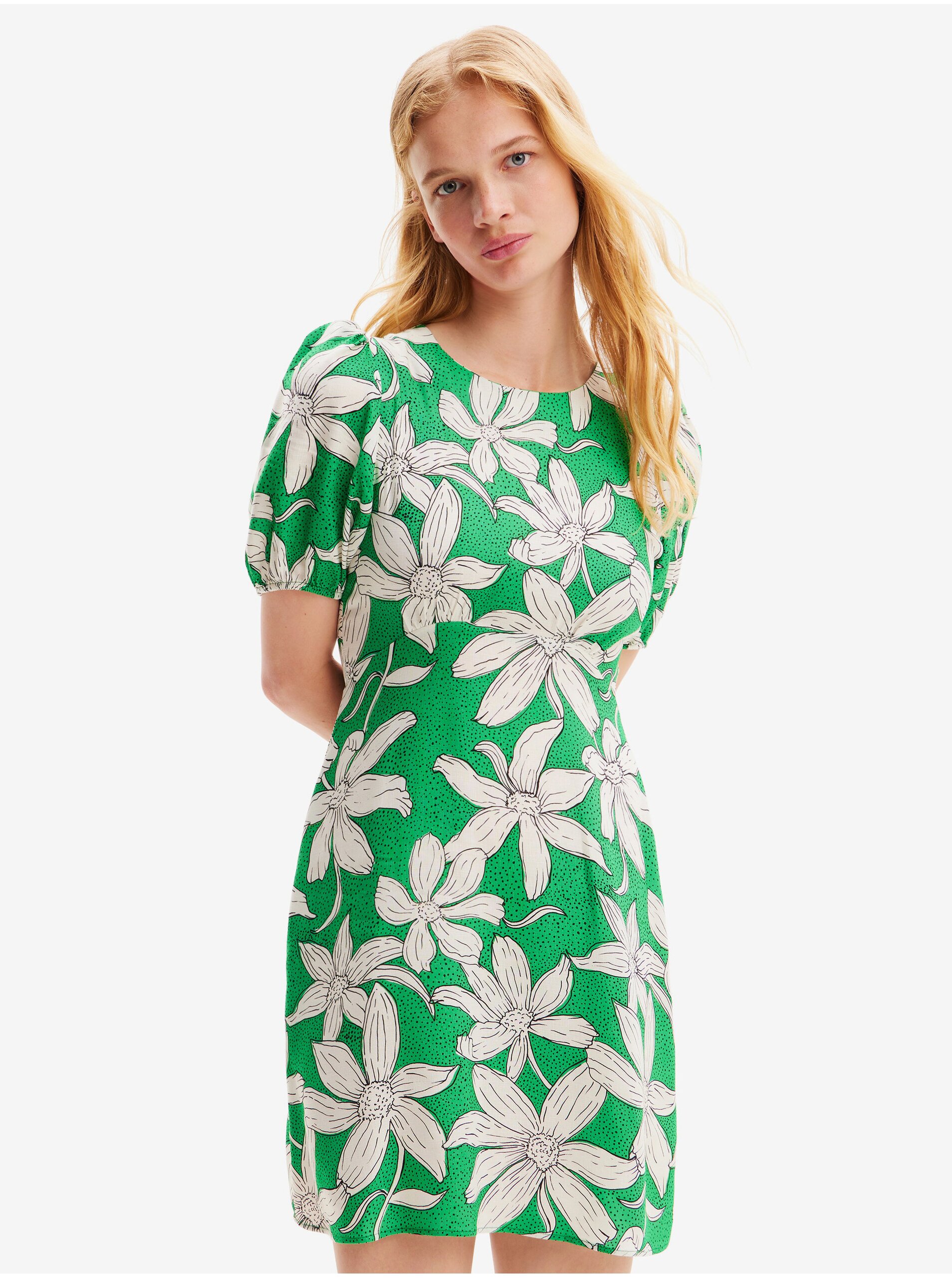 Levně Bílo-zelené dámské květované šaty Desigual Nashville - Dámské