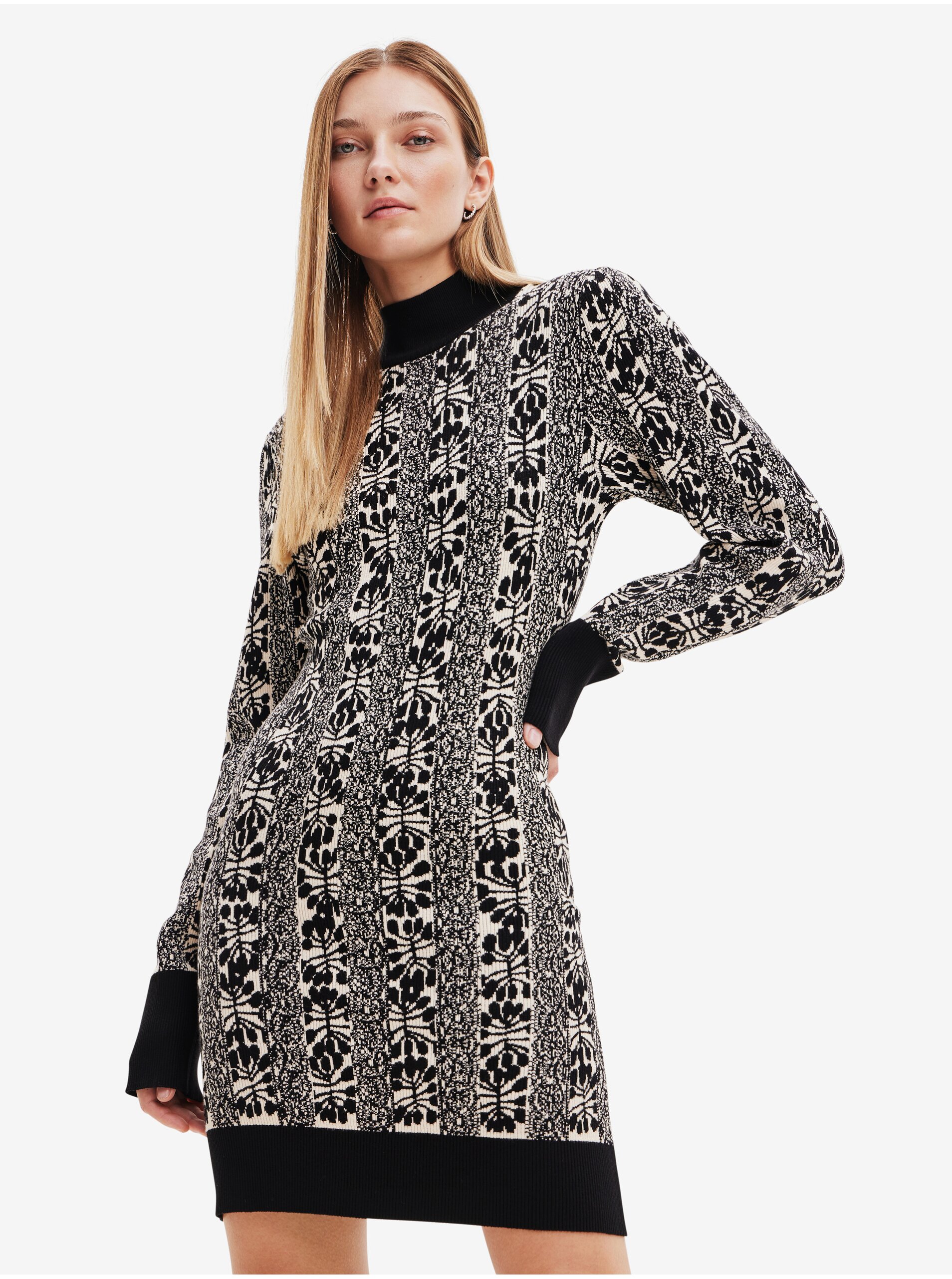 Levně Béžovo-černé dámské vzorované svetrové šaty Desigual Francesca - Lacroi - Dámské